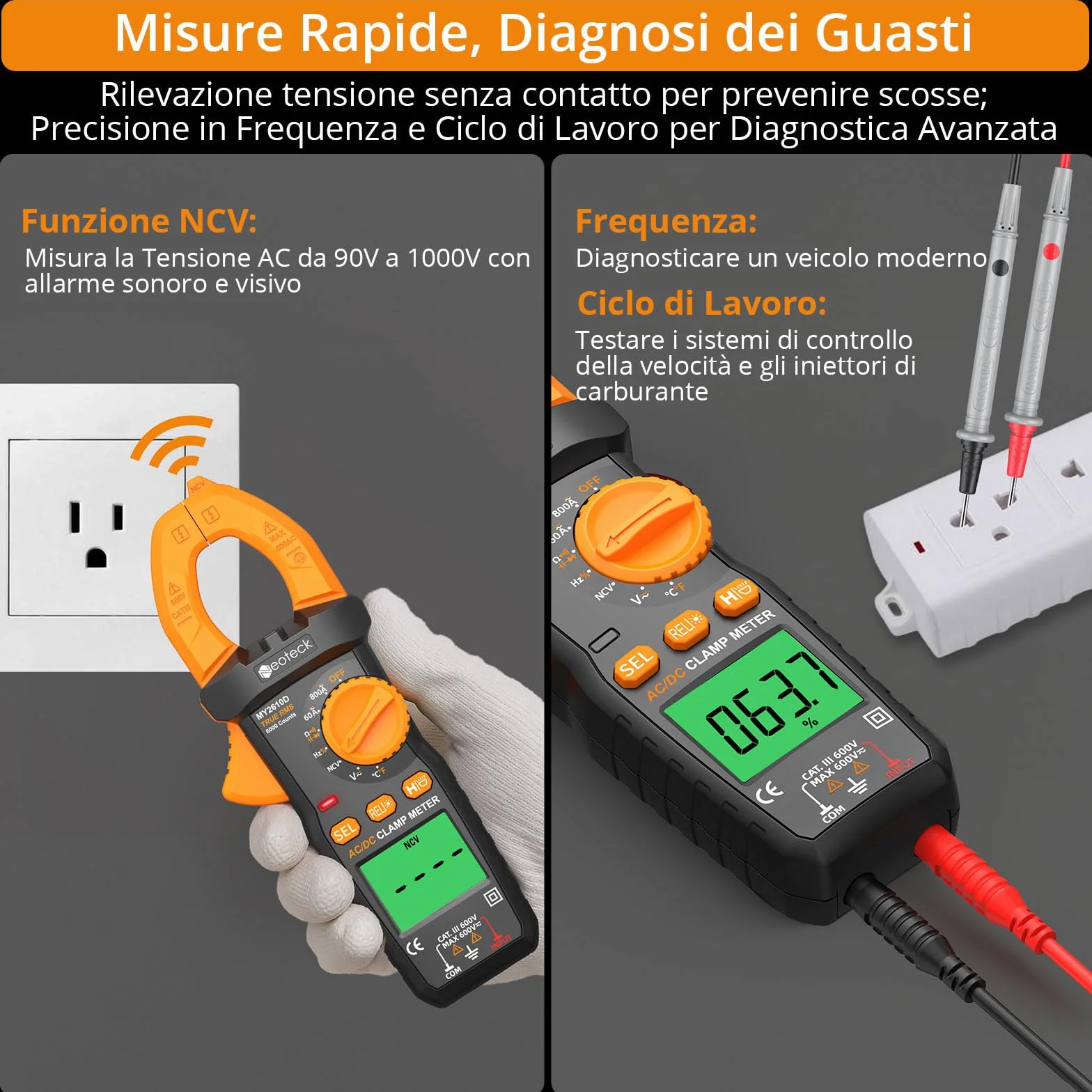 Neoteck Pinza Amperometrica Digitale TRMS 6000 Conteggi – 800 A Corrente AC/DC, Tensione AC/DC, NCV, Continuità, Capacità, Resistenza, Frequenza, Test Diodi e Temperatura, Retroilluminazione e Torcia