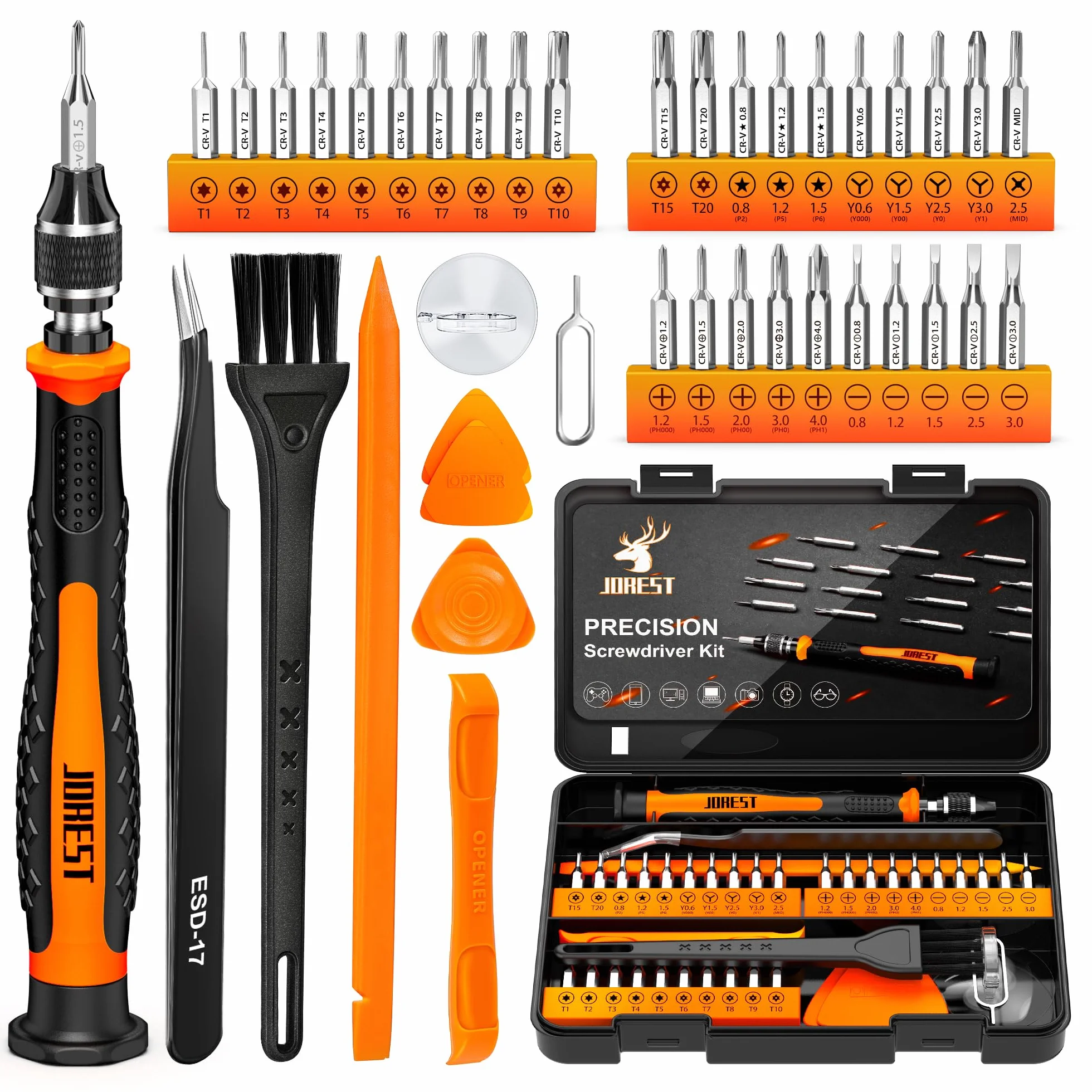 JOREST 40Pcs Set Cacciaviti Precisione, Kit Professionali con Torx T1 T2 T3 T4 T5, TR6 T7 T8 T9 T10 T15, Triwing Y00, Stella P2/5, -1.0/2.0, etc, per Switch, PS4, Xbox, PC, Laptop, Occhiali, Orologio