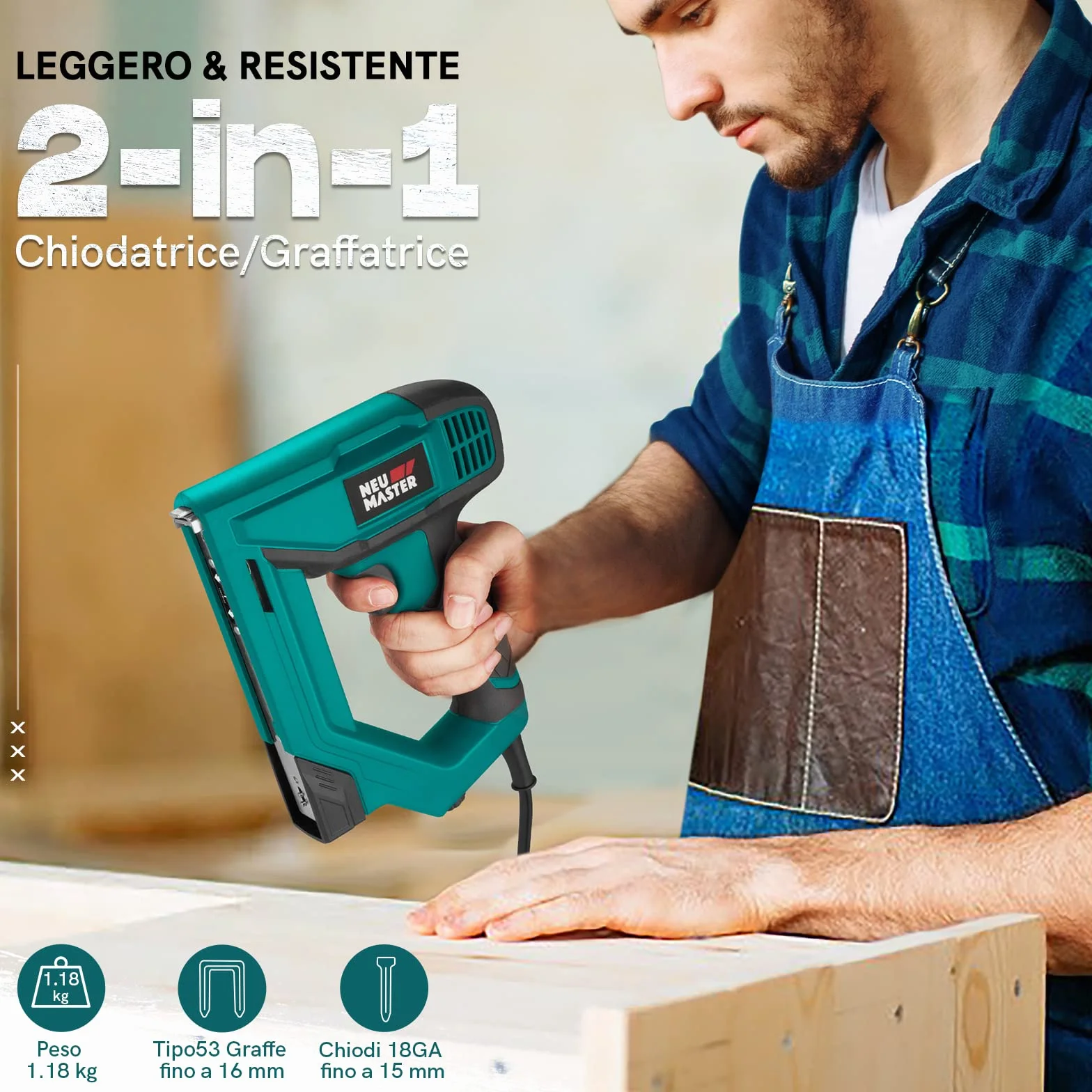 NEU MASTER Sparachiodi Elettrica, Graffettatrice/Chiodatrice Elettrica per DIY Tappezzeria Leggera/Legno/Lavori Tessili, Inclusi 400 Graffe e 200 Chiodi