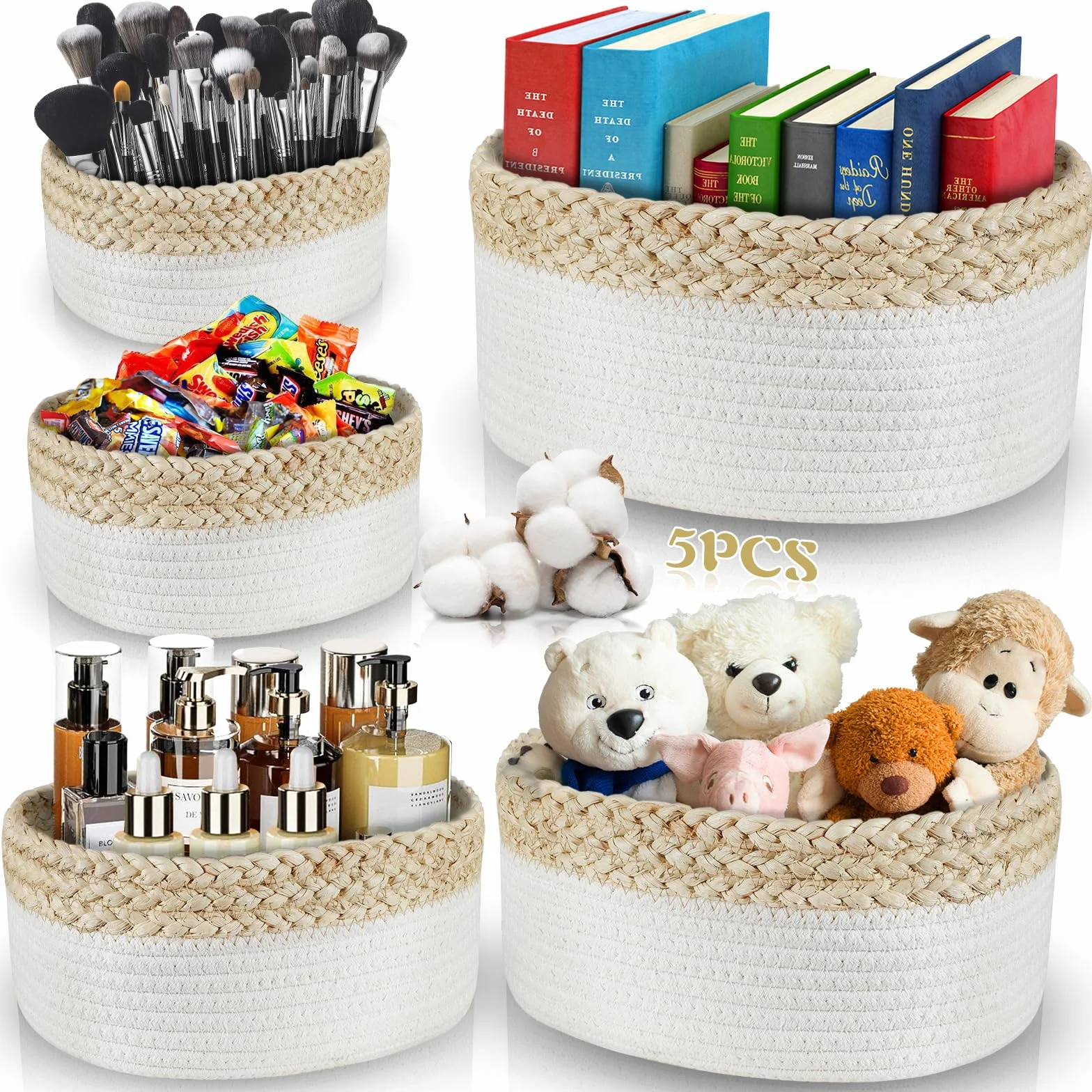 ENCOUN Set 5 Cestini Portaoggetti Intrecciato in Corda di Cotone, Impilabile Organizer Fasciatoio, Cestino Portaoggetti Bagno, cestini portaoggetti bagno per Cameretta, Salotto, Giocattoli, Ufficio