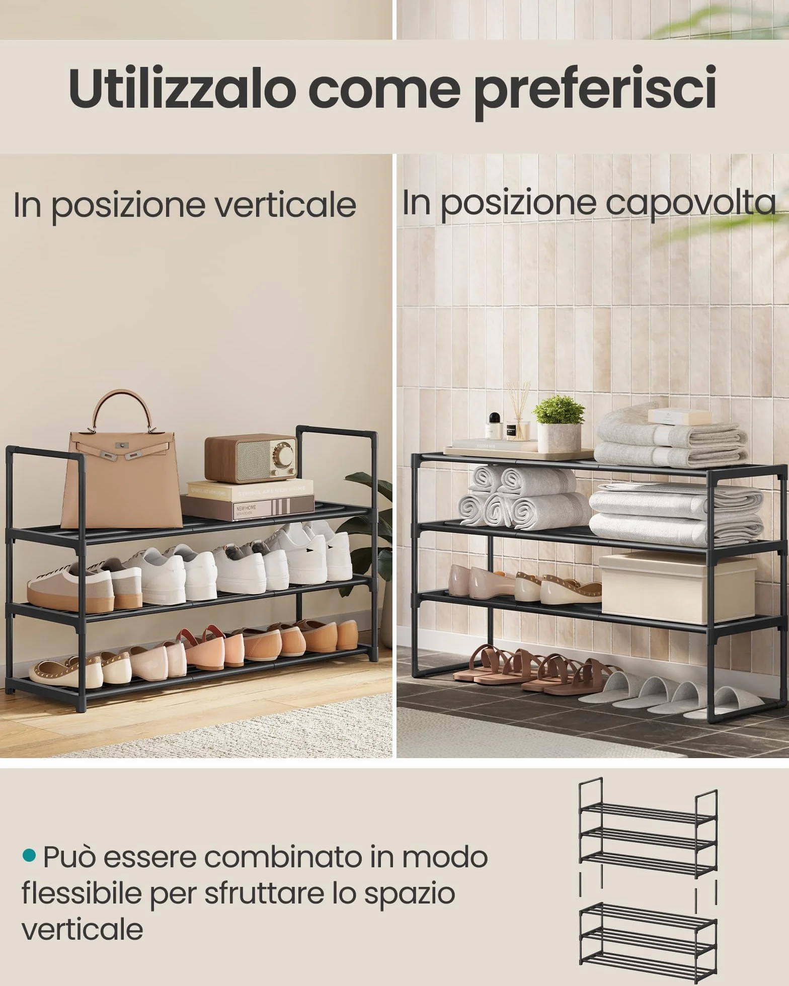 SONGMICS Scarpiera 3 Ripiani Portascarpe Metallo 16-20 Paia Scarpe 30x92x55 cm Nero LSA303B02