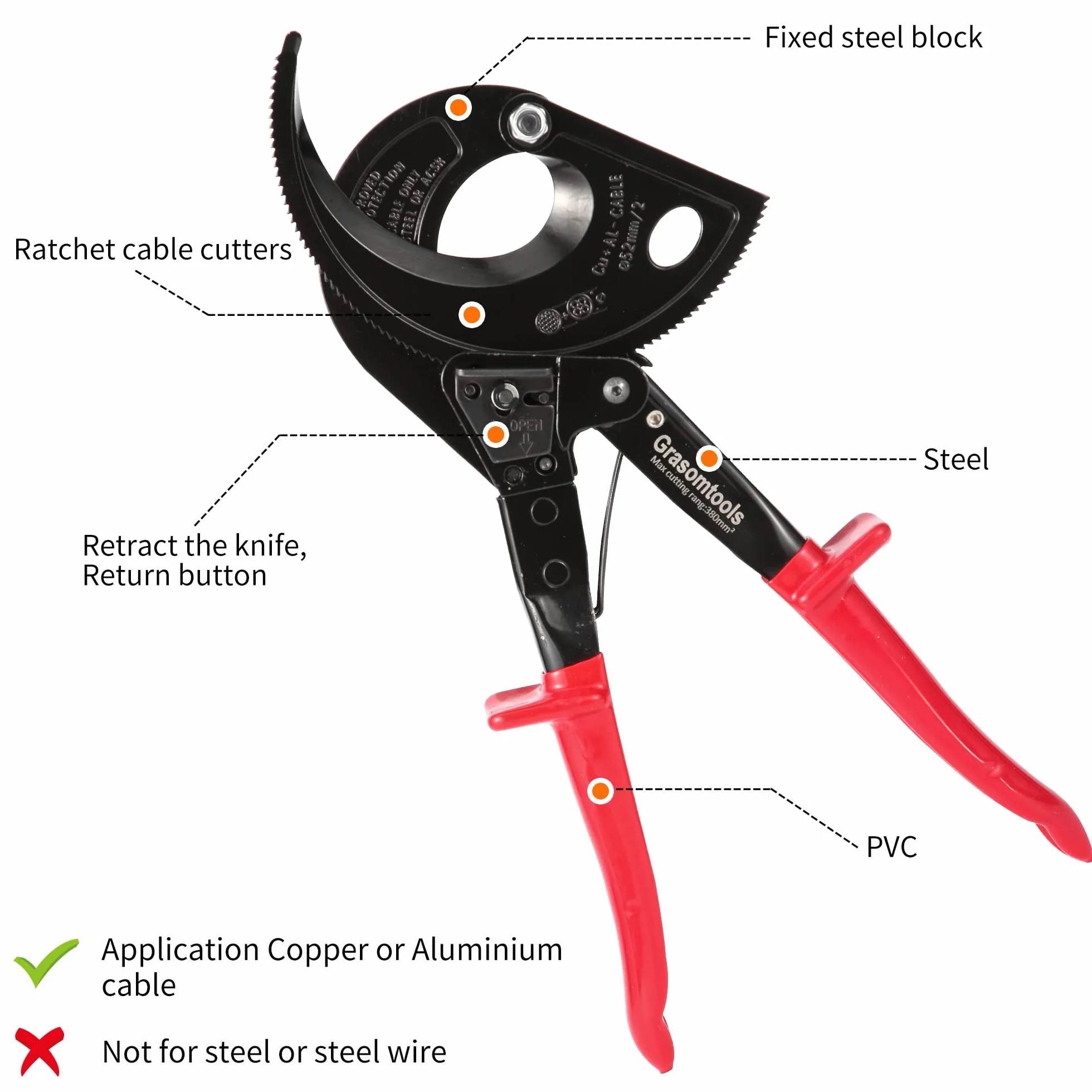 Taglierina per Cavi a Cricchetto HS520A - Heavy Duty Alluminio e Rame, 400 mm²