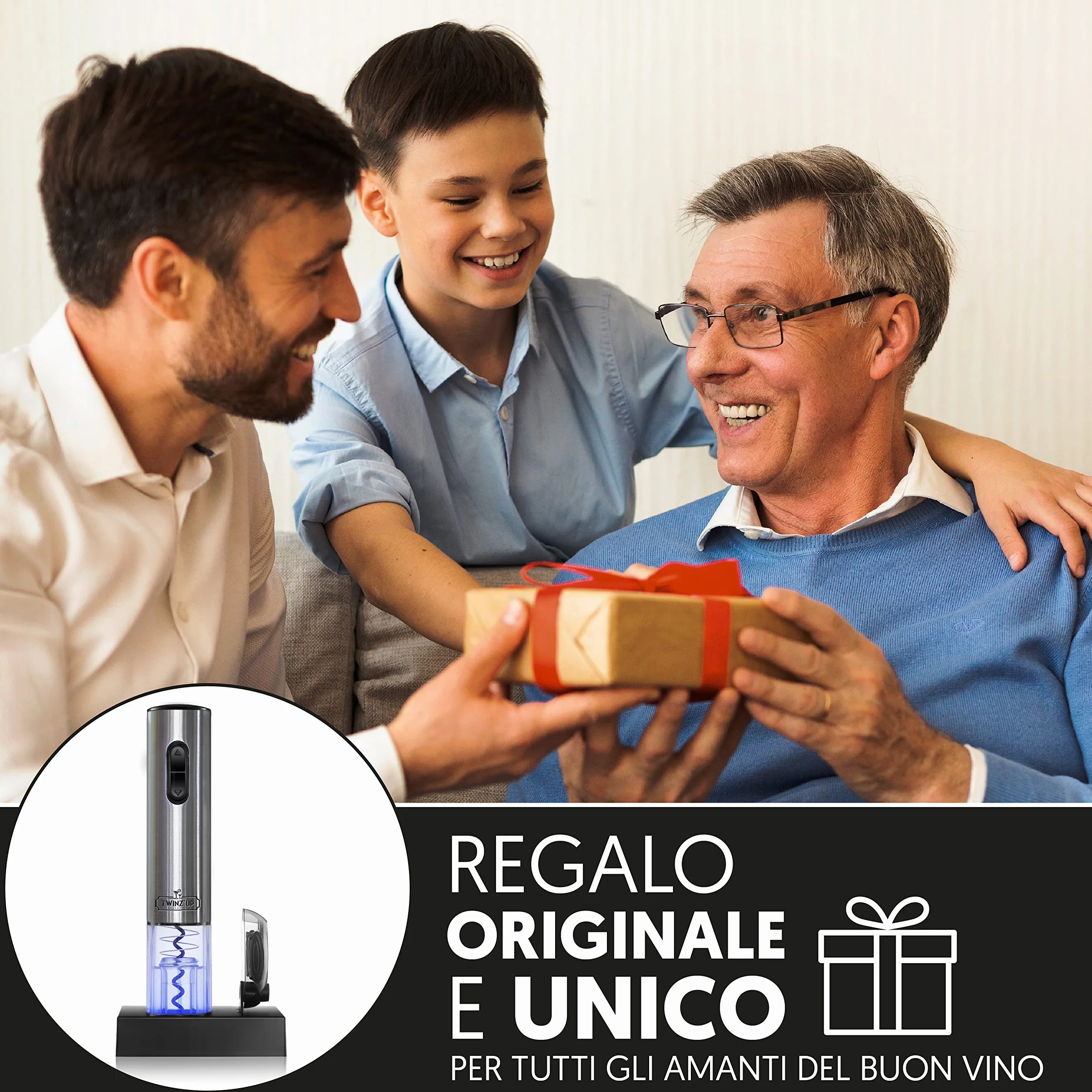 Twinz'Up Cavatappi Elettrico per Vino, Idee Regalo Uomo Compleanno - Apribottiglie Elettrico Ricaricabile (Base di Ricarica) con Taglia-Capsule