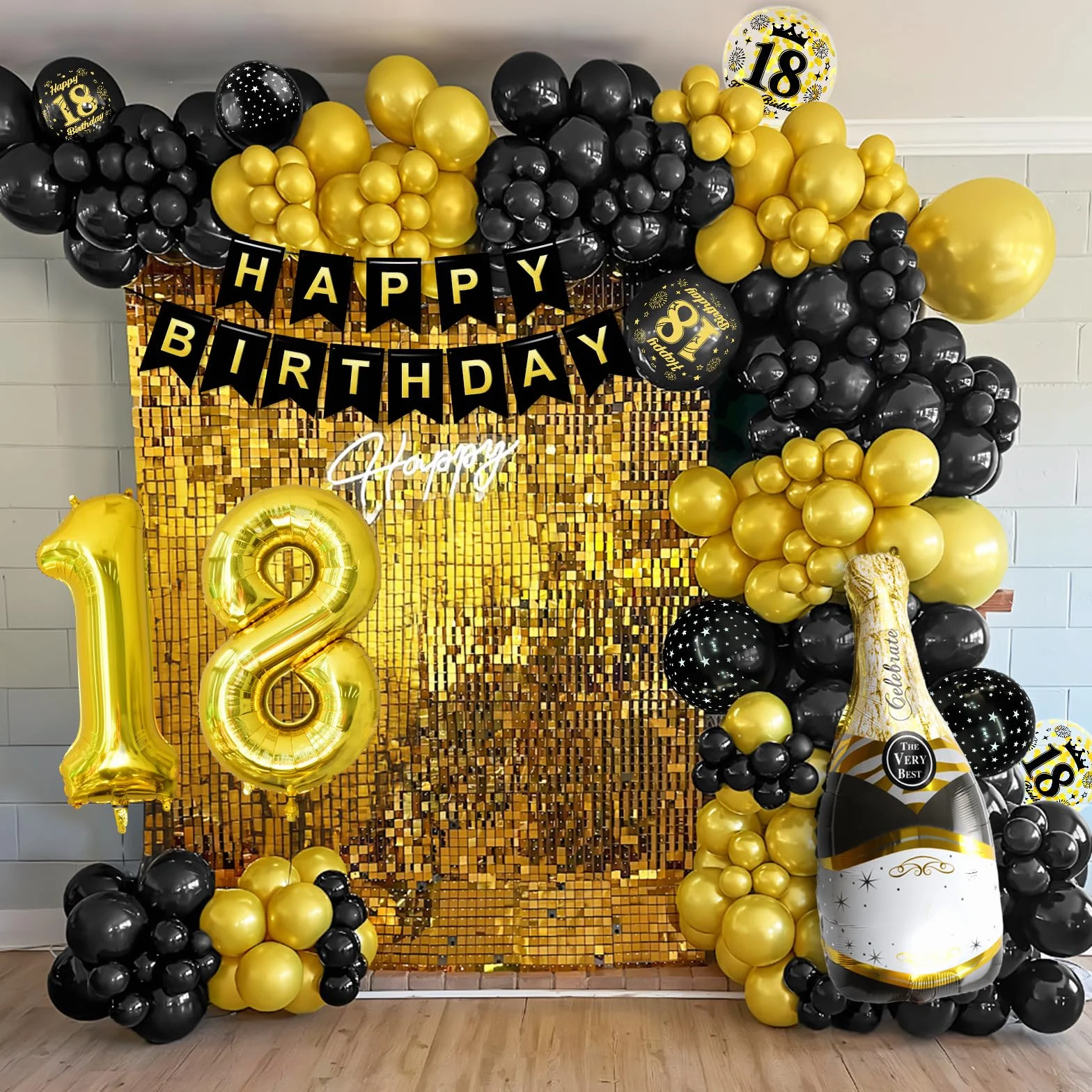 Decorazioni per 18° Compleanno, Kit Arco Palloncini Oro Nero con Numero 18 e Striscione