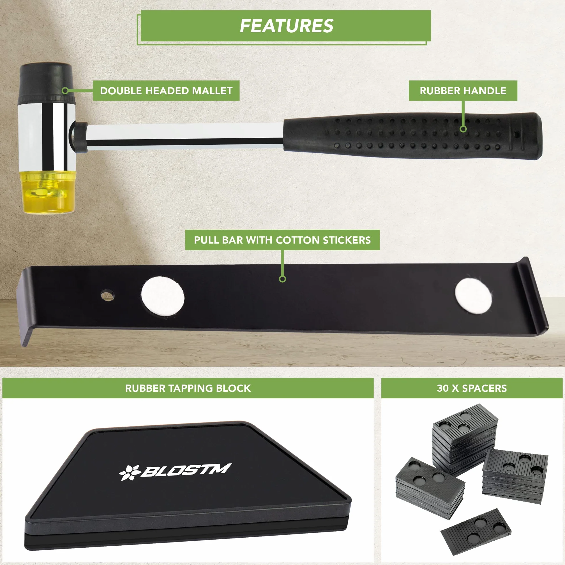 BLOSTM Kit Montaggio Laminato - 30 Distanziatori Pavimento, Martello di Gomma a Doppia Faccia, Robusto Blocco per Maschiare, Barra di Trazione Incastro in Acciaio
