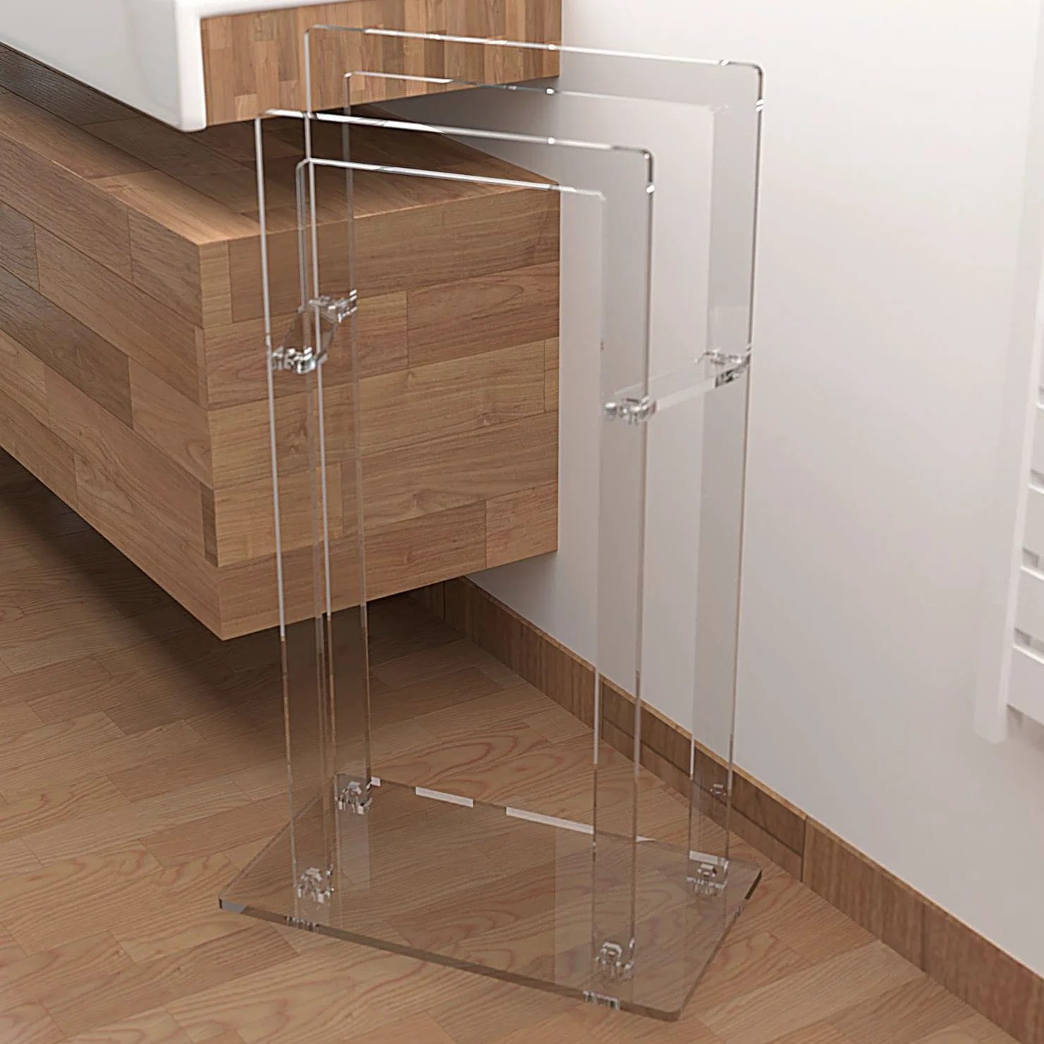 AGPLEX Piantana porta asciugamani bagno da terra in vetro acrilico trasparente 50x28x87cm, Portasciugamani bagno moderno e resistente con supporti antiruggine - Made in Italy