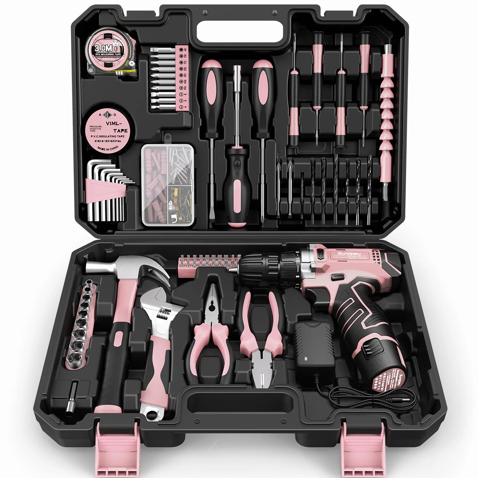Trapano Avvitatore Batteria 12V - Sundpey Cassetta Attrezzi Completa 206 Pezzi con Trapano a Percussione, Set Attrezzi da Lavoro con Set Completo di Punte per la Decorazione Della Casa Rose