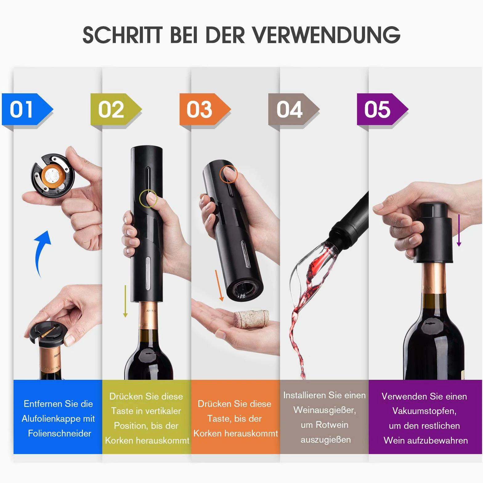 Mafiti Cavatappi elettrico per vino, Apribottiglie elettrico con Taglierino,Tappo,Versatore,Set regalo Cavatappi elettrico Professionale con 4 accessori in 1 per vino rosso