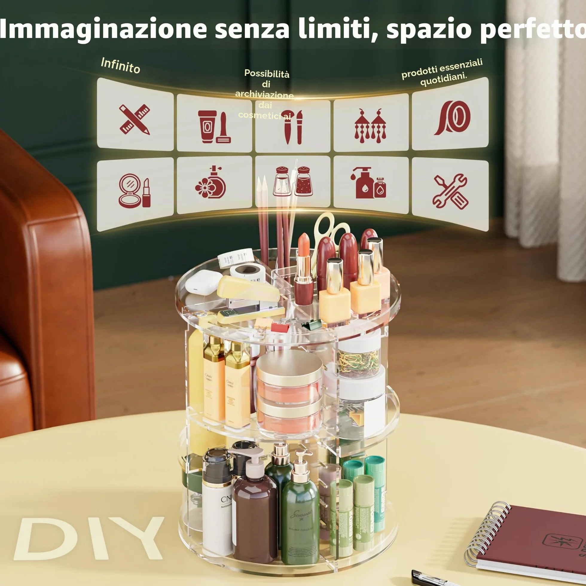 Auxmir Porta Trucchi Rotante 360° Organizer Multifunzione 9 Ripiani Regolabili Grande Capacità Trasparente