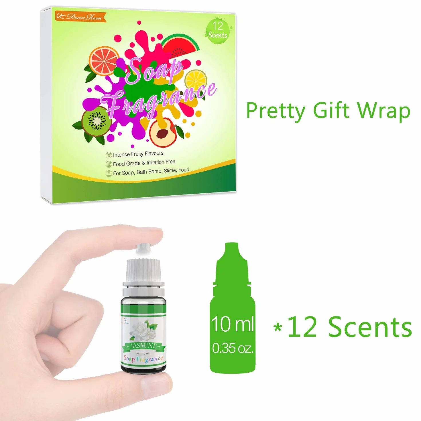 Oli Profumati per Sapone - 12 Oli Liquidi per Bomba da Bagno, Slime Fai da Te - Profumi Concentrati di Grado Alimentare per Cosmetici, Arte, Artigianato, Oli Essenziali - Flaconi di 10ml