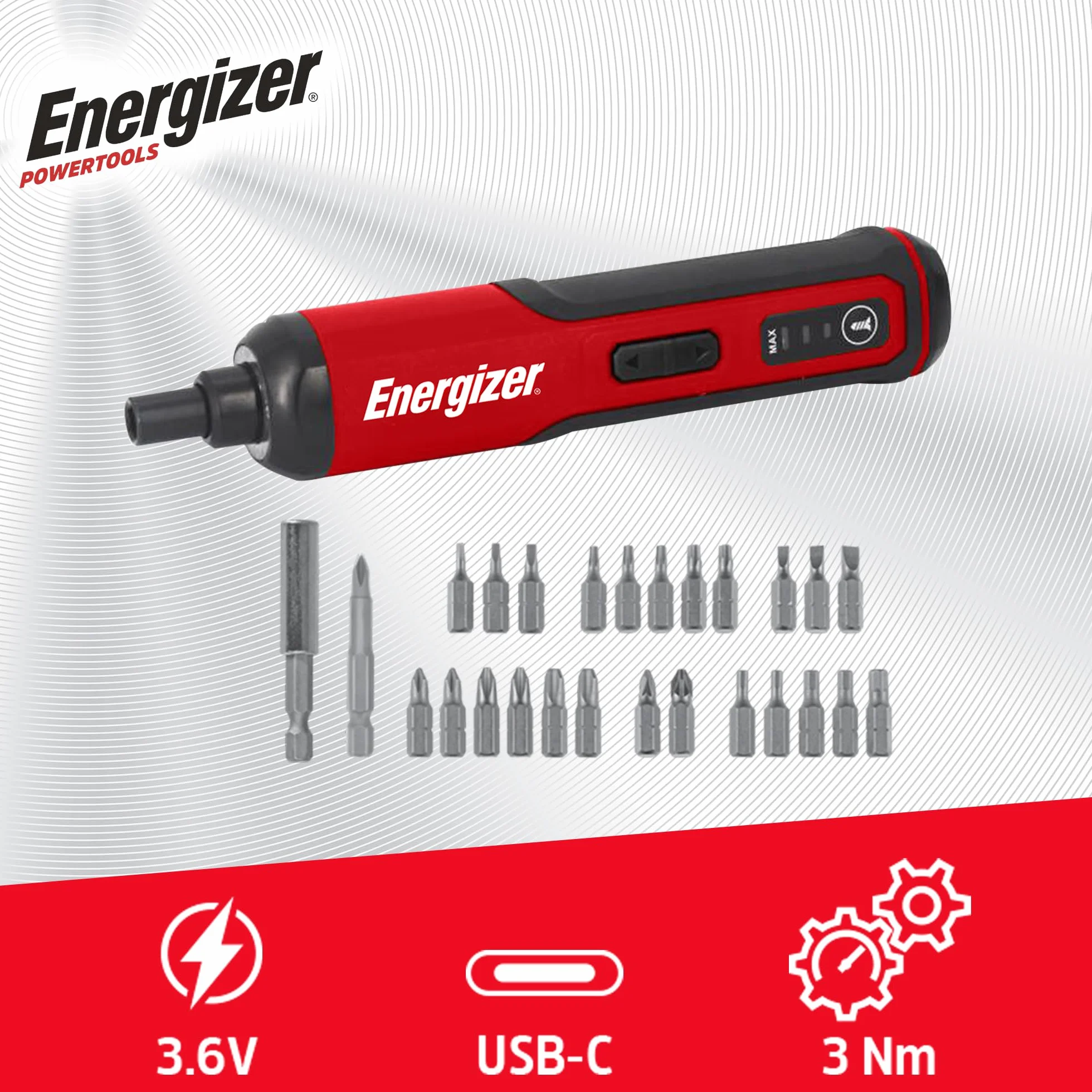 Energizer - Cacciavite elettrico da 3,6 V – Batteria ricaricabile da 1500 mAh cavo USB-C (Incluso)- 26 punte di avvitamento incluse - 3 NM - Ideale per montaggio, smontaggio e piccoli lavori