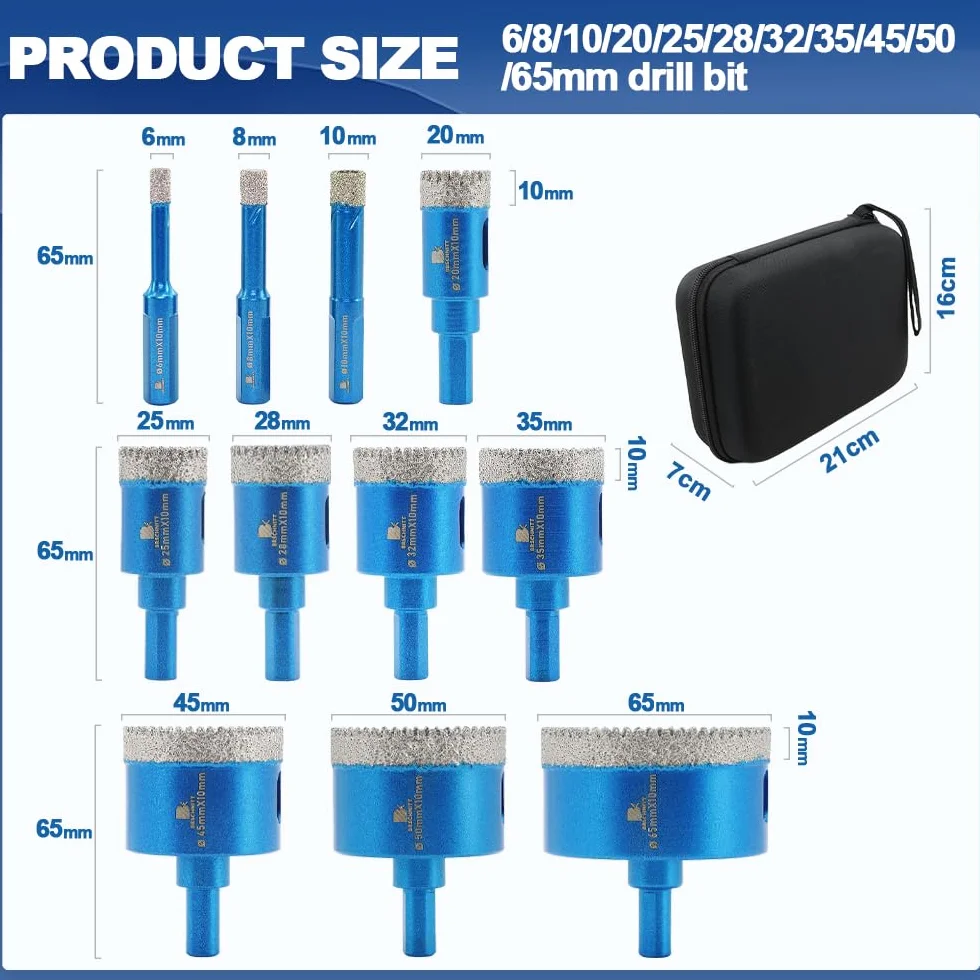 Punta per Trapano Diamantata Set - Frese diamantate 6/8/10/25/28/32/35/45/50/65mm fresa diamantata per Porcellana Granito Piastrella Marmo Taglio a Secco