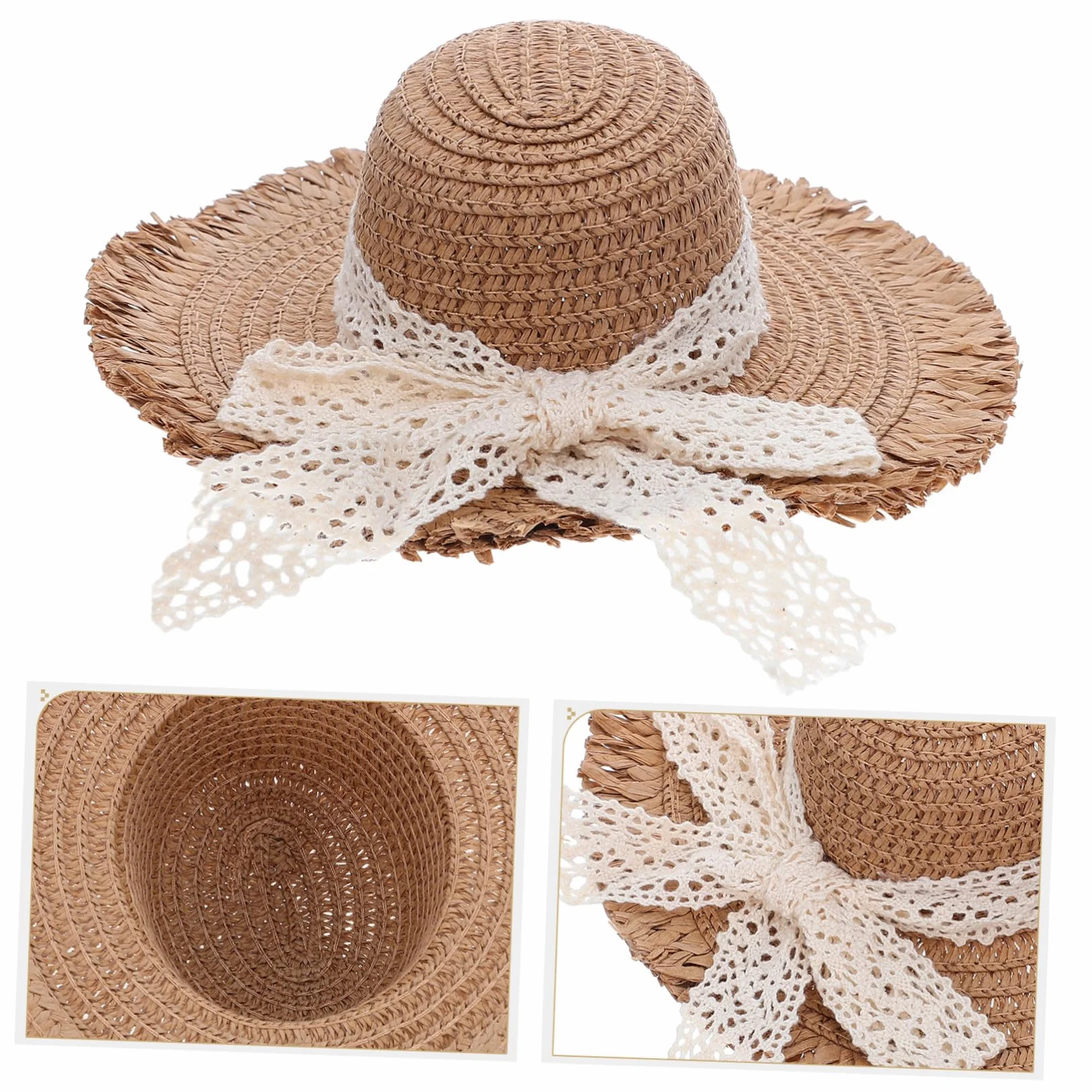Cappello di Paglia Intrecciata per Bambola con Cinturino in Pizzo