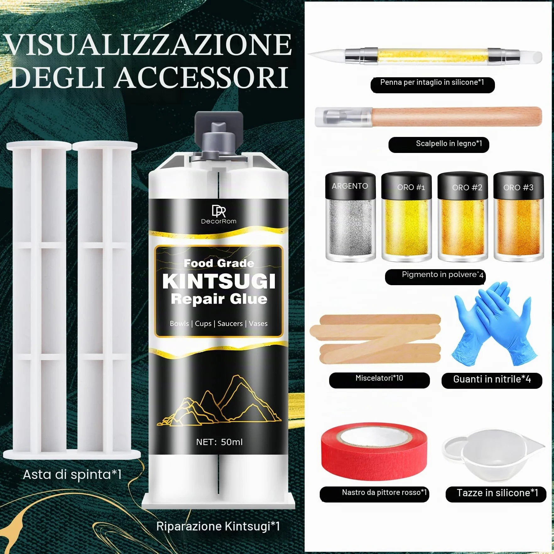 Set di riparazione Kintsugi, 50ml Oro/Argento Set Kintsugi Adesivo per Porcellana, Sicuro per Alimenti Set di Riparazione per Ceramica, per la Riparazione di Ceramica Rotta, Vetro, Sculture, Ceramiche