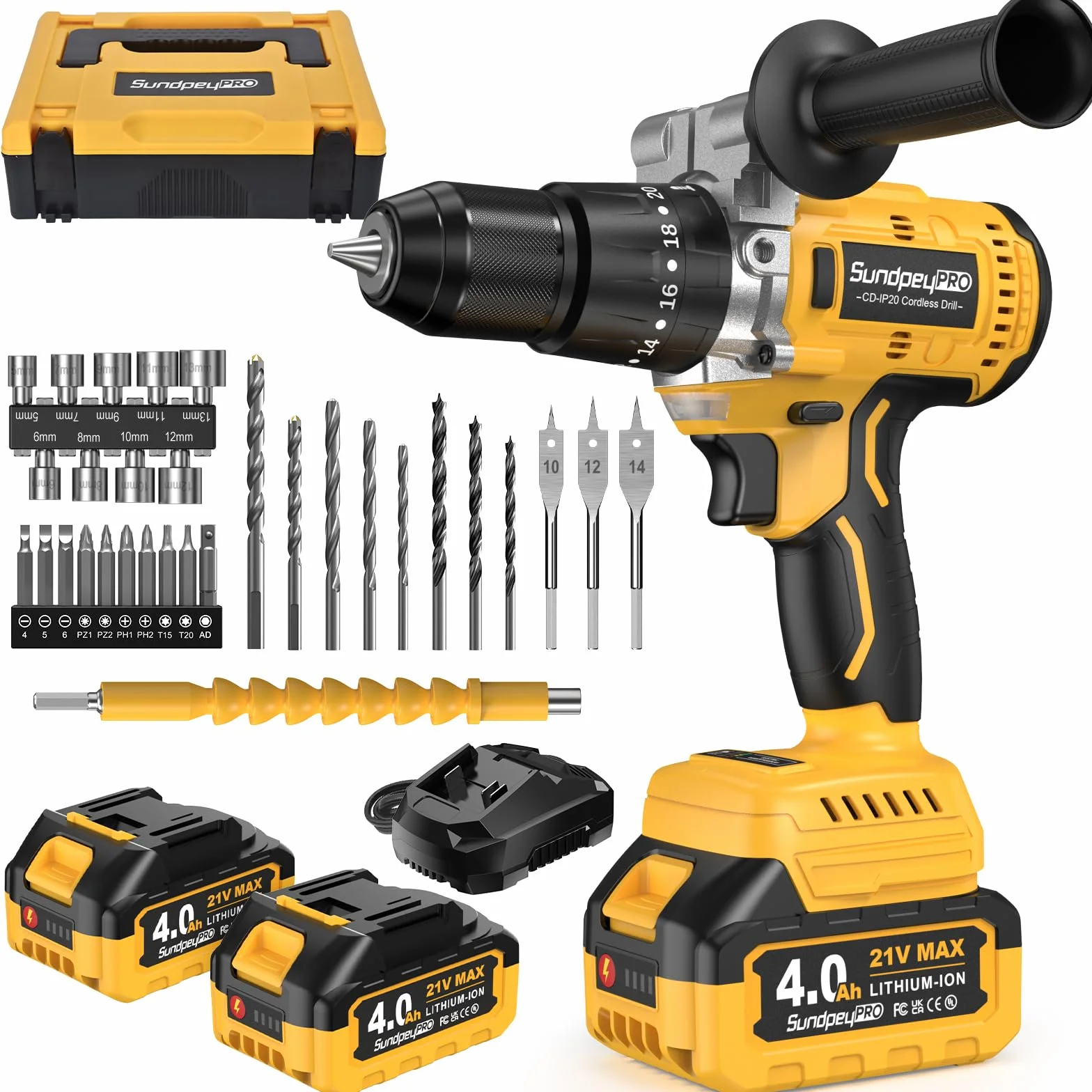 Trapano Percussione Batteria Brushless 21V - SundpeyPRO 120Nm Trapano Avvitatore a Batteria con 2 Batterie 4Ah, 20+3 Coppie, 13mm Mandrino, 2 Velocità, 35 PZ Accessori, per Casa Riparazione, Fai da te