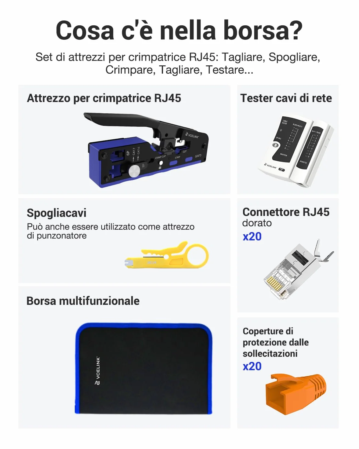 VCELINK Kit Strumenti di Rete con Crimpatrice RJ45 Passante, Compatibile CAT7/CAT6A/CAT6/CAT5E/CAT5, con 20 Pezzi Connettori Schermati, Tester LAN e Mini Spelafili, Borsa Portatile