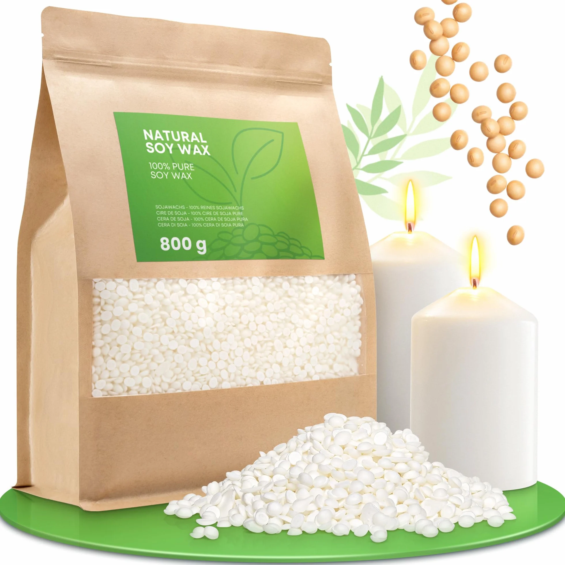 molinoRC 800g Cera di soia per Candele - Prima qualità - 100% Naturale, biodegradabile, Senza additivi - Combustione Pulita, Ideale per profumate - per stampi e Contenitore - Pratiche pastiglie