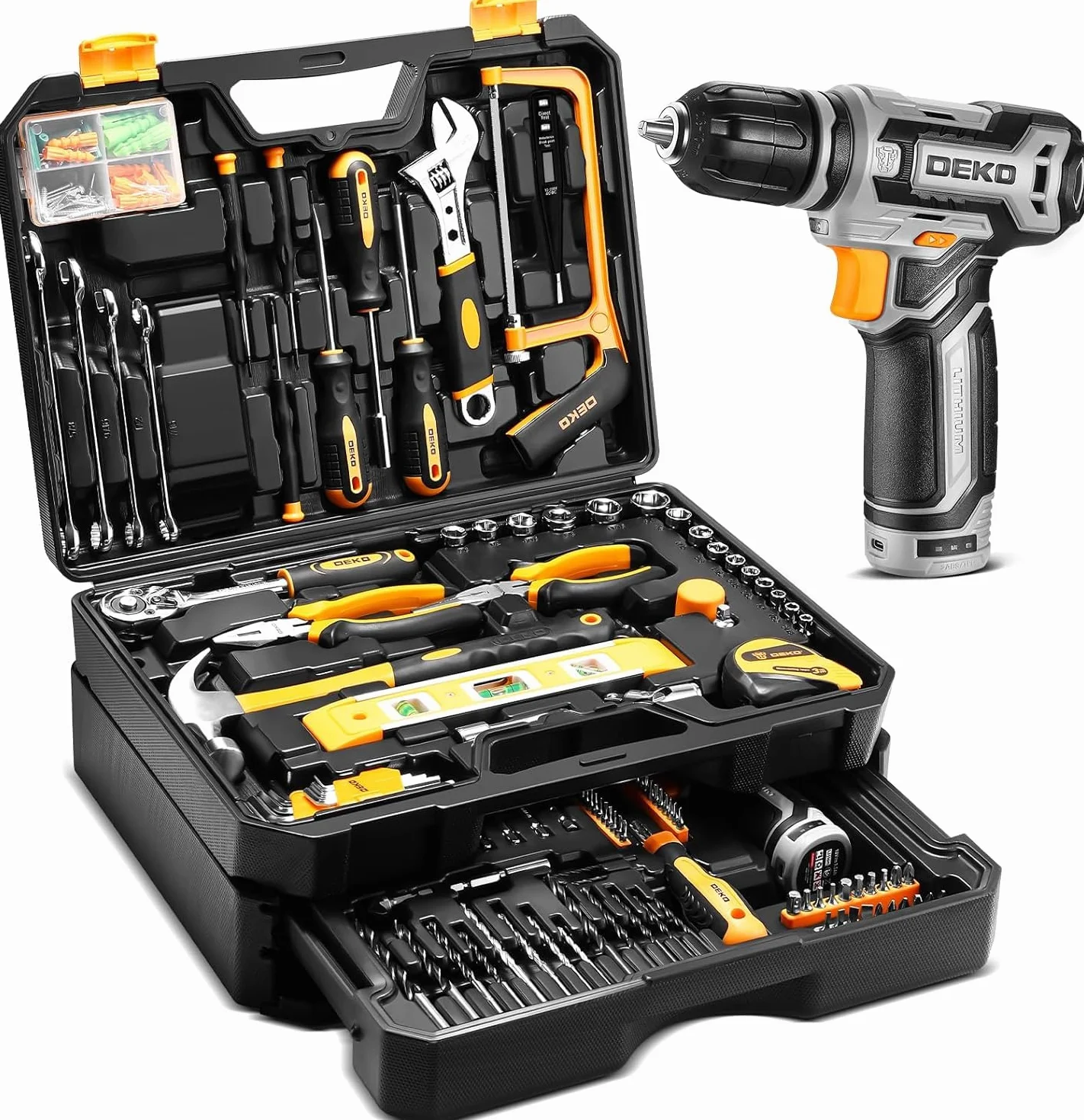 DEKO Cassetta Attrezzi Completa con Trapano Avvitatore Batteria 12V, 238 Pezzi Valigetta con Set Completo di Punte