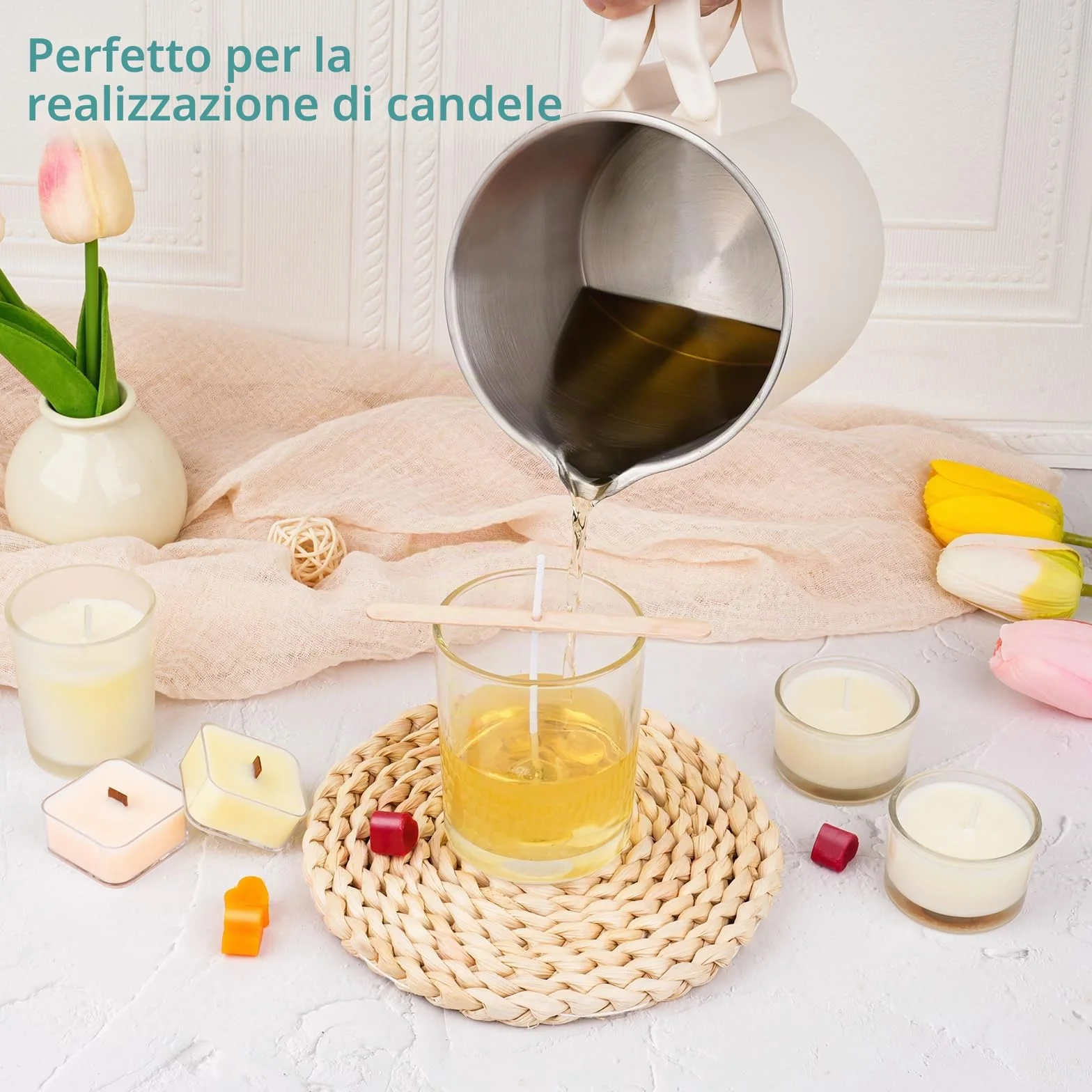 Spoyletto Fusciera elettrica per la produzione di candele, candele fai da te, set di accessori con pentola per fusione di cera, termometro, stoppino per candele, stoppino e cucchiaio per mescolare