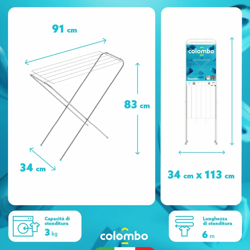 Colombo Stendino Salvaspazio Pieghevole Gazzella | Stendibiancheria in Acciaio Verniciato, Compatto e Leggero da Interno per Spazi Ridotti | 6 Metri di Stenditura | Ultra Slim 1,5 cm | Made in Italy