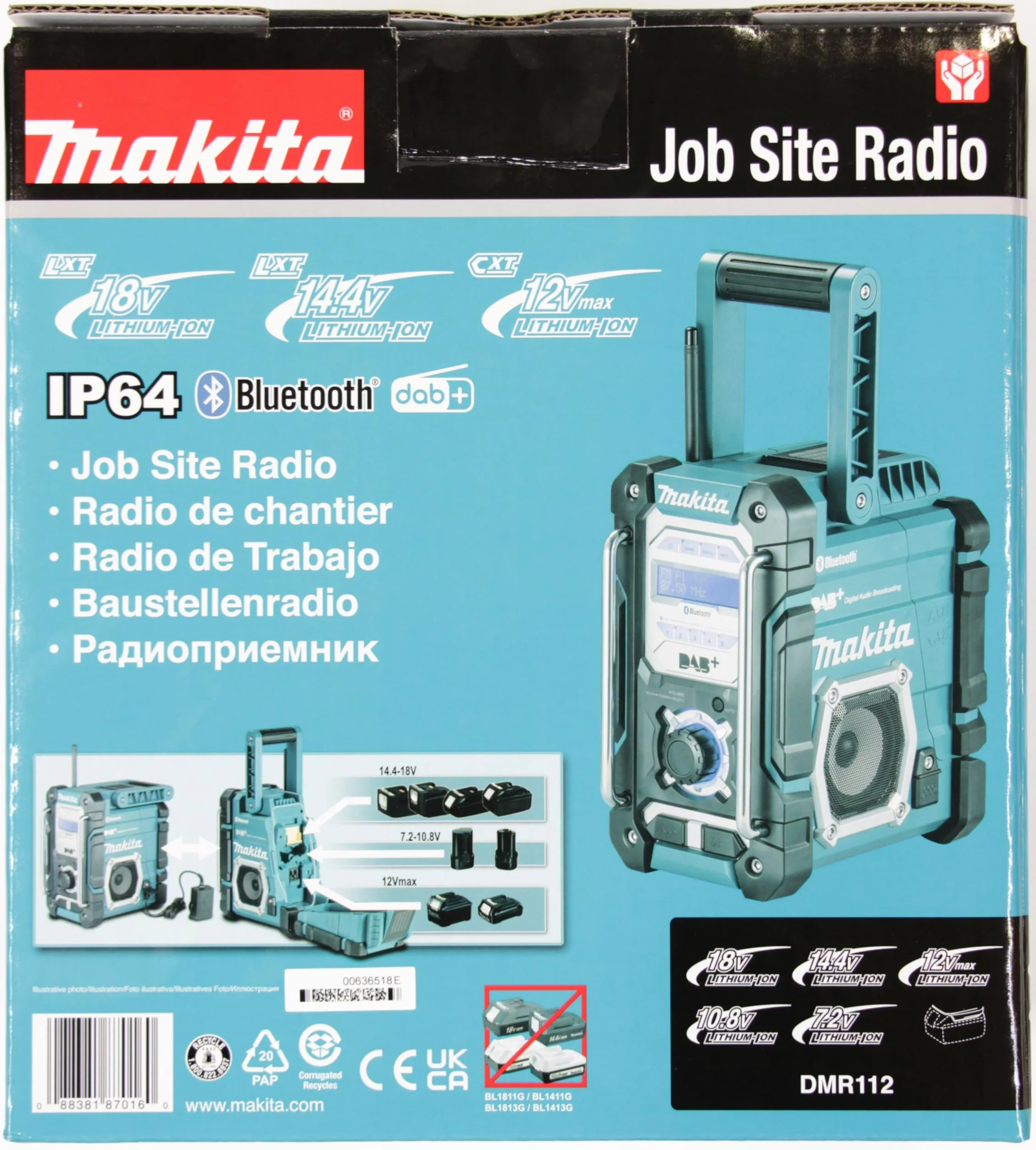 Makita DMR112 Radio da cantiere DAB/DAB+, agli ioni di litio, con Bluetooth, batterie e caricabatterie non inclusi