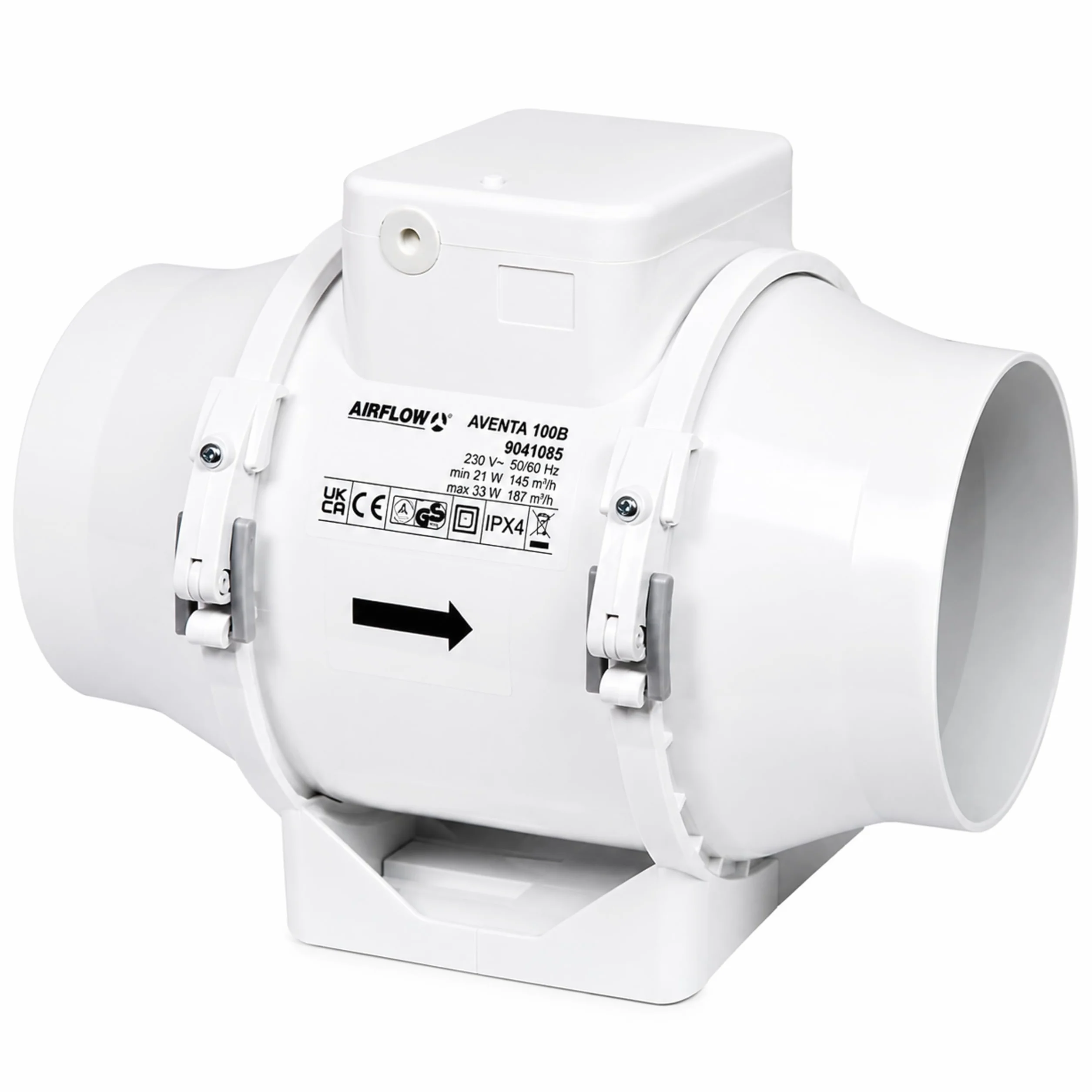 Airflow Aventa 100B Aspiratore In-Linea a Flusso Misto – Ventilazione 21W a Risparmio Energetico, 40–52 l/s (145–187 m³/h), IPX4, Condotto 100mm, 3 Anni Garanzia