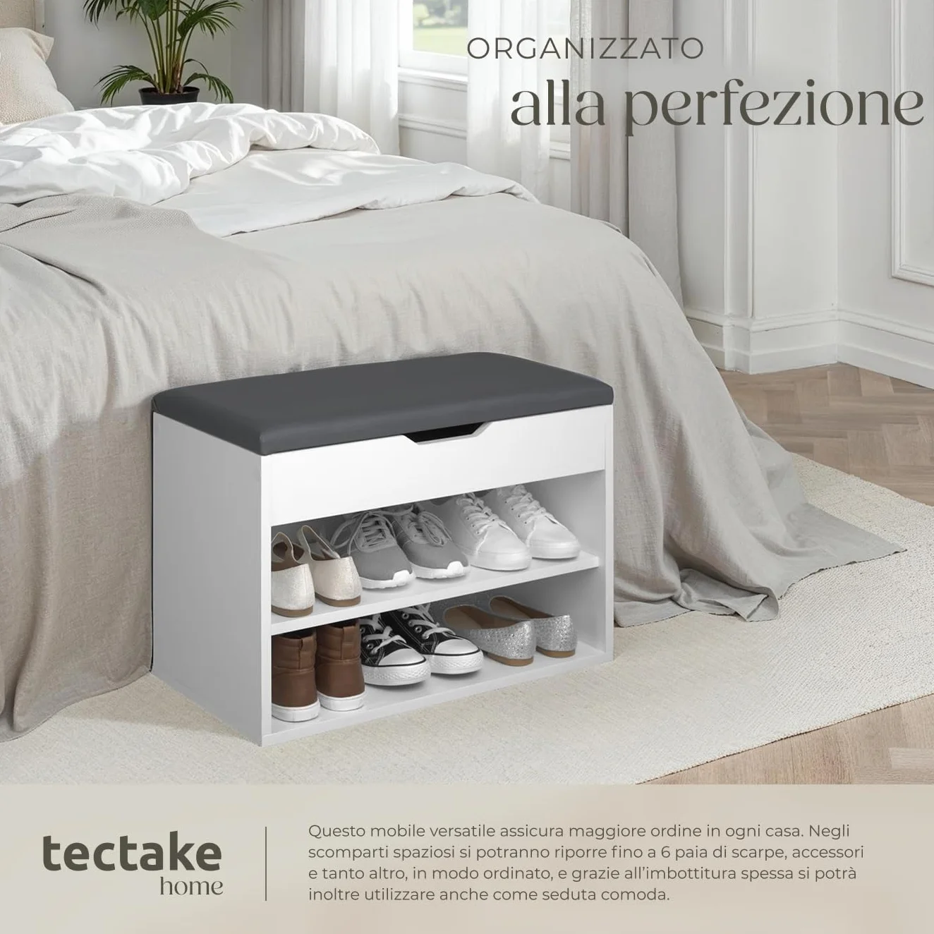 tectake® Scarpiera salvaspazio slim, Comoda Seduta Imbottita, Panca Portascarpe, Scarpiera ingresso con Ripiani Aperti, Facile da Montare, Mobile Porta Scarpe - 60 x 30 x 43,5 cm - Bianco