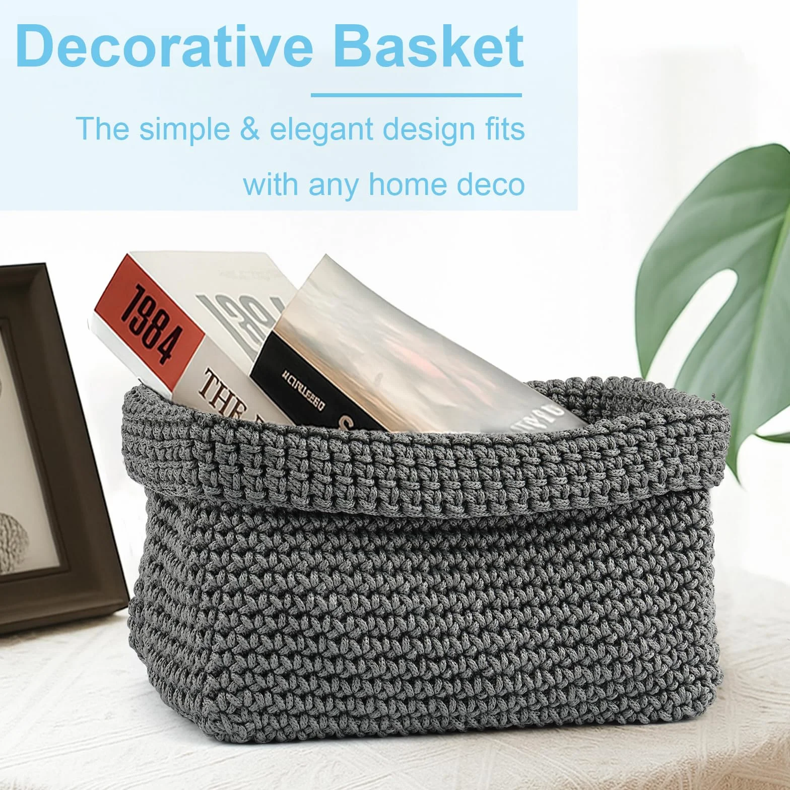 Neerow Cesto portaoggetti grigio intrecciato a mano in corda di cotone, elegante cestino per la decorazione del bagno, cestino per asciugamani per asciugamani, cosmetici, giocattoli e libri (21 × 13 ×