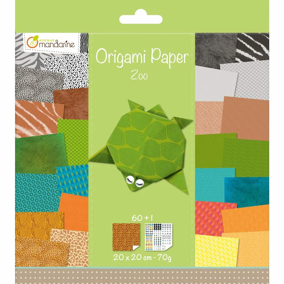 Avenue Mandarine 52504MD - Confezione da 60 fogli origami 20x20 cm 70g (30 motivi x 2 fogli) e un foglio di adesivi inclusi, Zoo