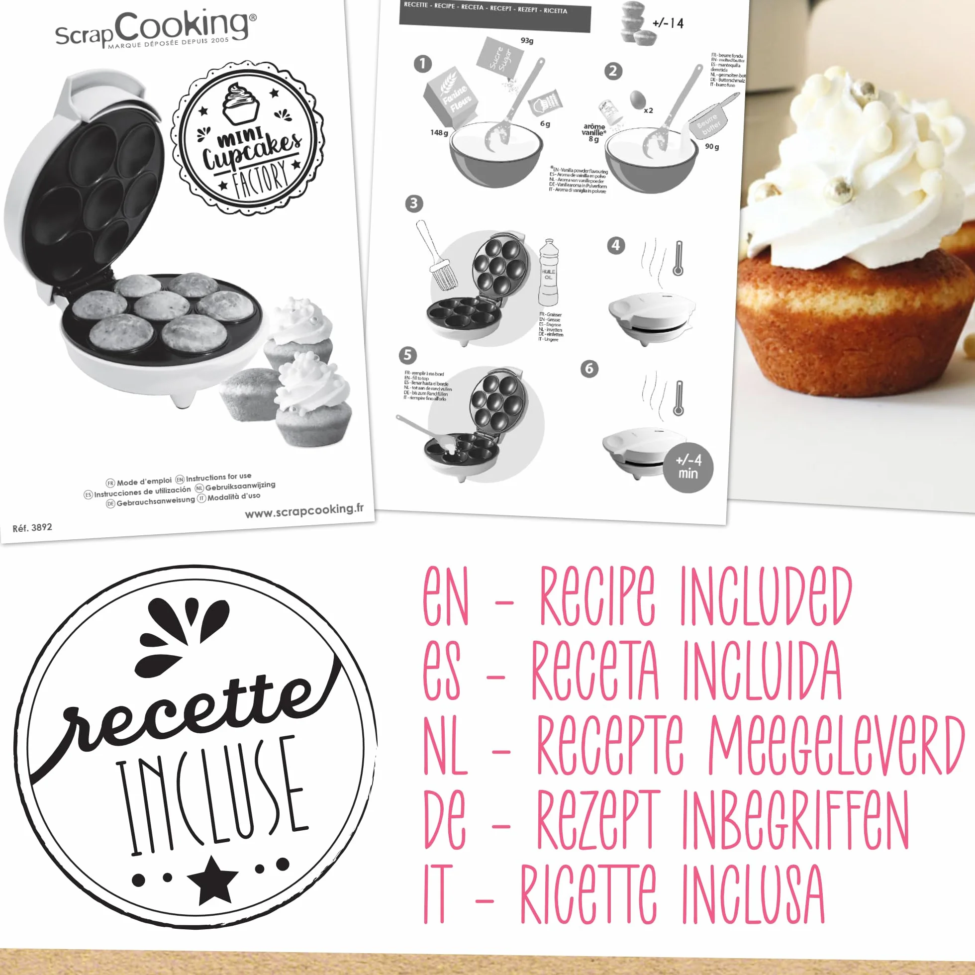 ScrapCooking - Macchina per Cupcakes & Muffins - Mini Cupcakes Factory - Dispositivo per creare i suoi muffin in in 5 minuti - Regalo Pasticceria Cucina - Ricetta Inclusa - 3892, Bianco