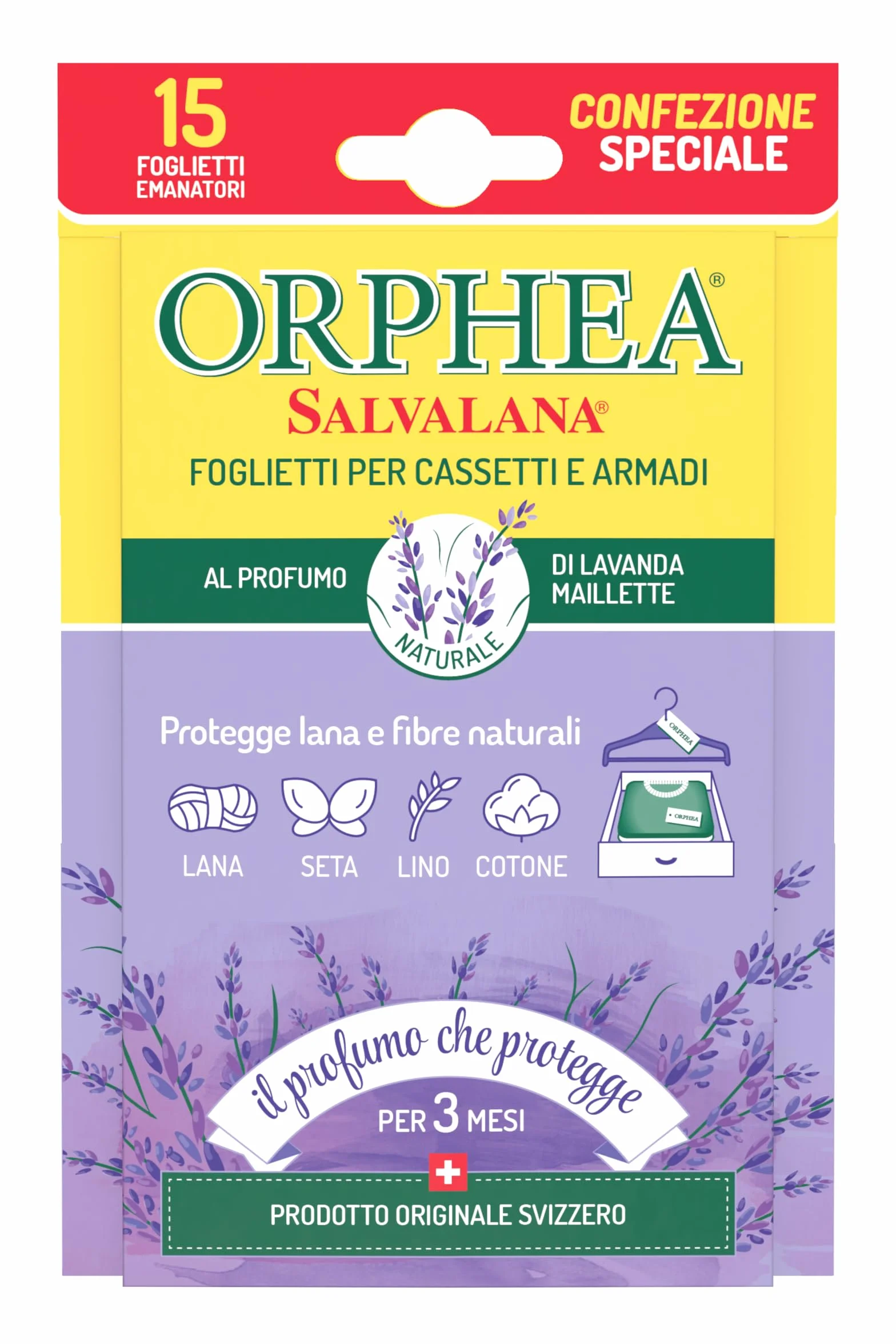 Orphea Salvalana, Foglietti per Cassetti e Armadi, Protegge Lana e Vestiti Tutta la Stagione, Profumo di Lavanda, agisce per 12 settimane - 15 Foglietti Emanatori