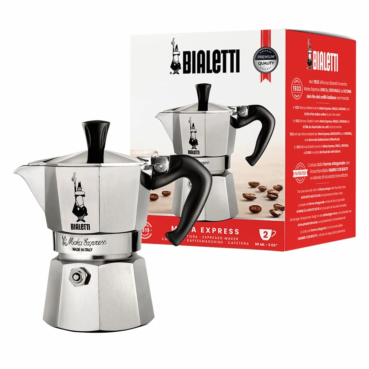 Bialetti Caffettiera Moka Express 2 Tazze, 90 ml, Aluminium