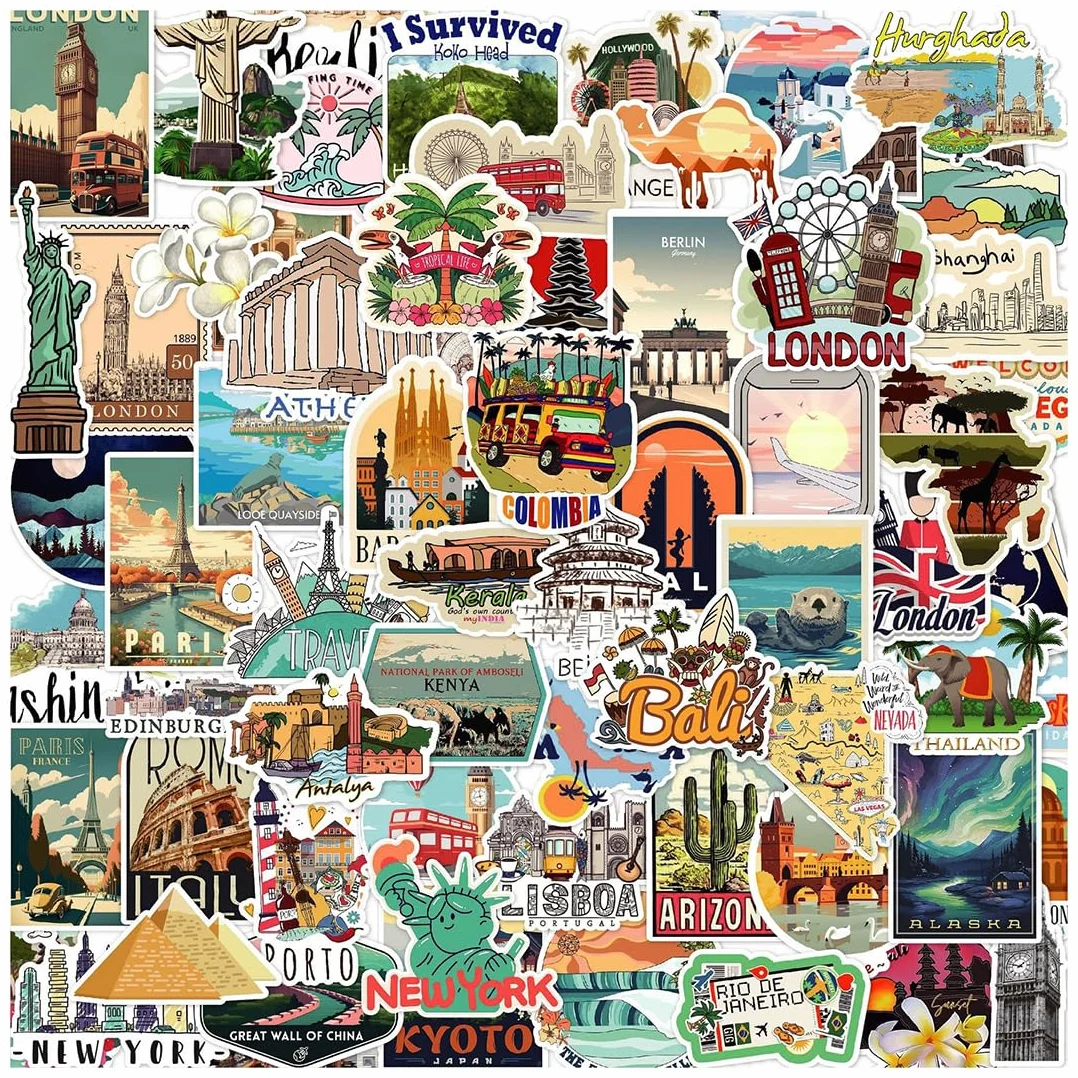 Set di 100 adesivi di famose città del mondo con attrazioni turistiche, in vinile, impermeabili Stickers Aesthetic per Diario di Viaggio da Compilare, Album scrapbooking stickers journaling