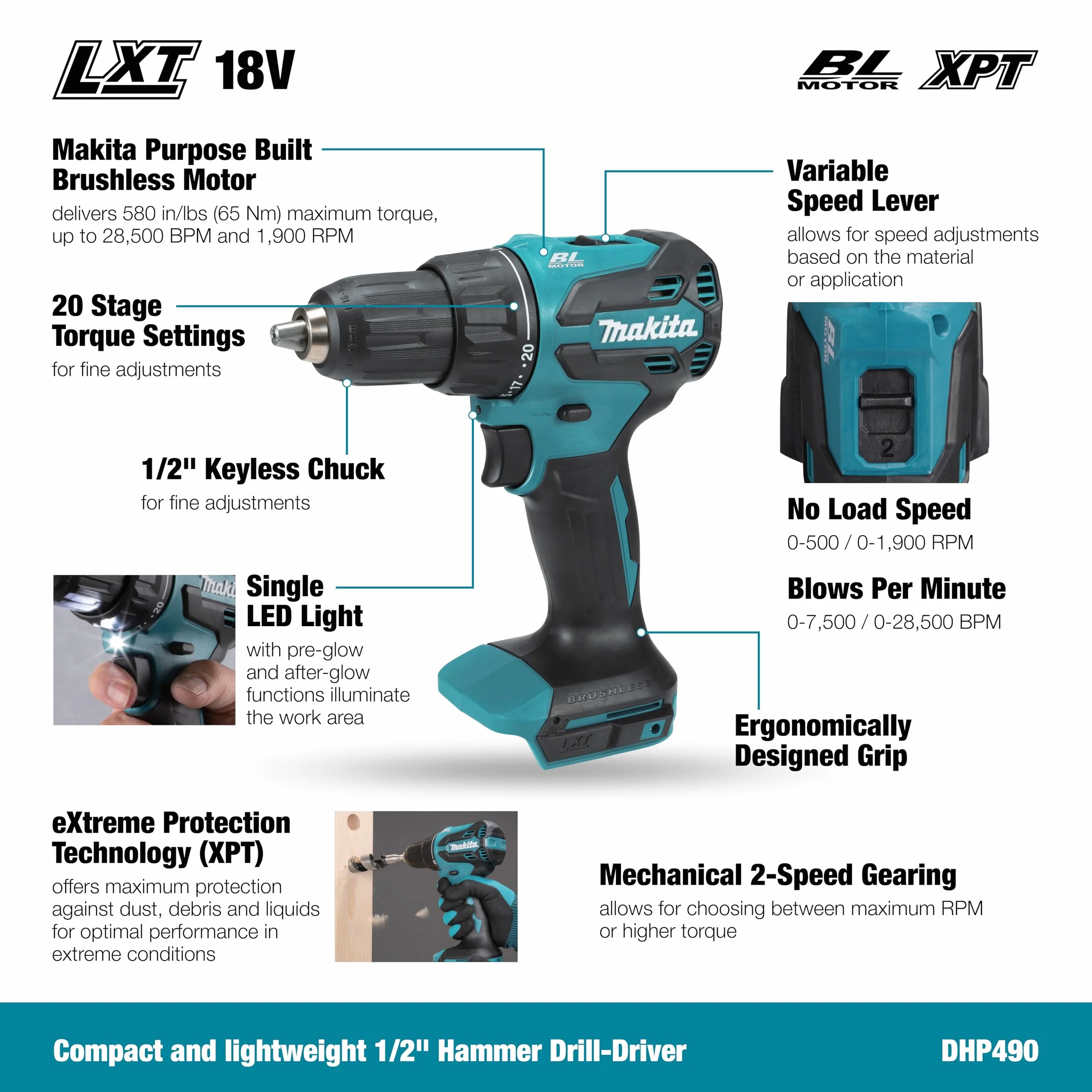 Makita DHP490Z 18V Li-Ion LXT Brushless Trapano combinato, batterie e caricabatterie non inclusi