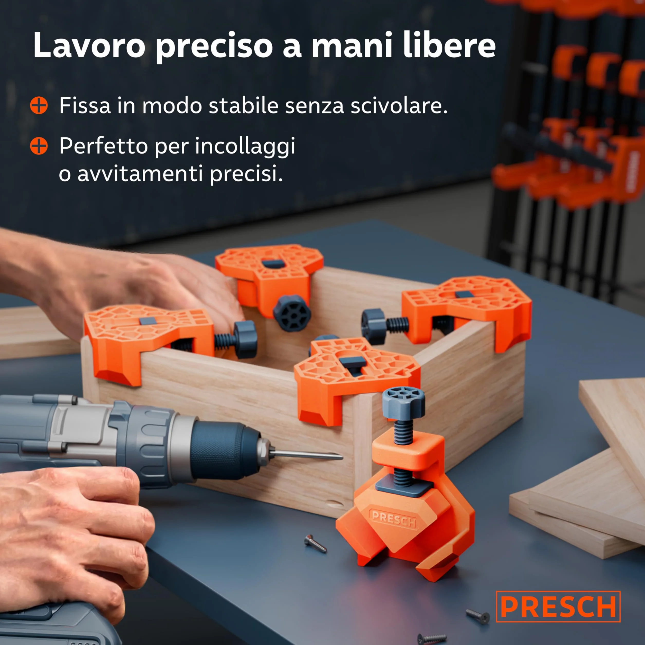 Presch Morsetti angolari per legno 4 pz - Morsetti angolari da falegname i per pannelli di spessore fino a 26 mm - Forza di serraggio di 25 kg per l'incollaggio - Per angoli precisi di 90° del legno