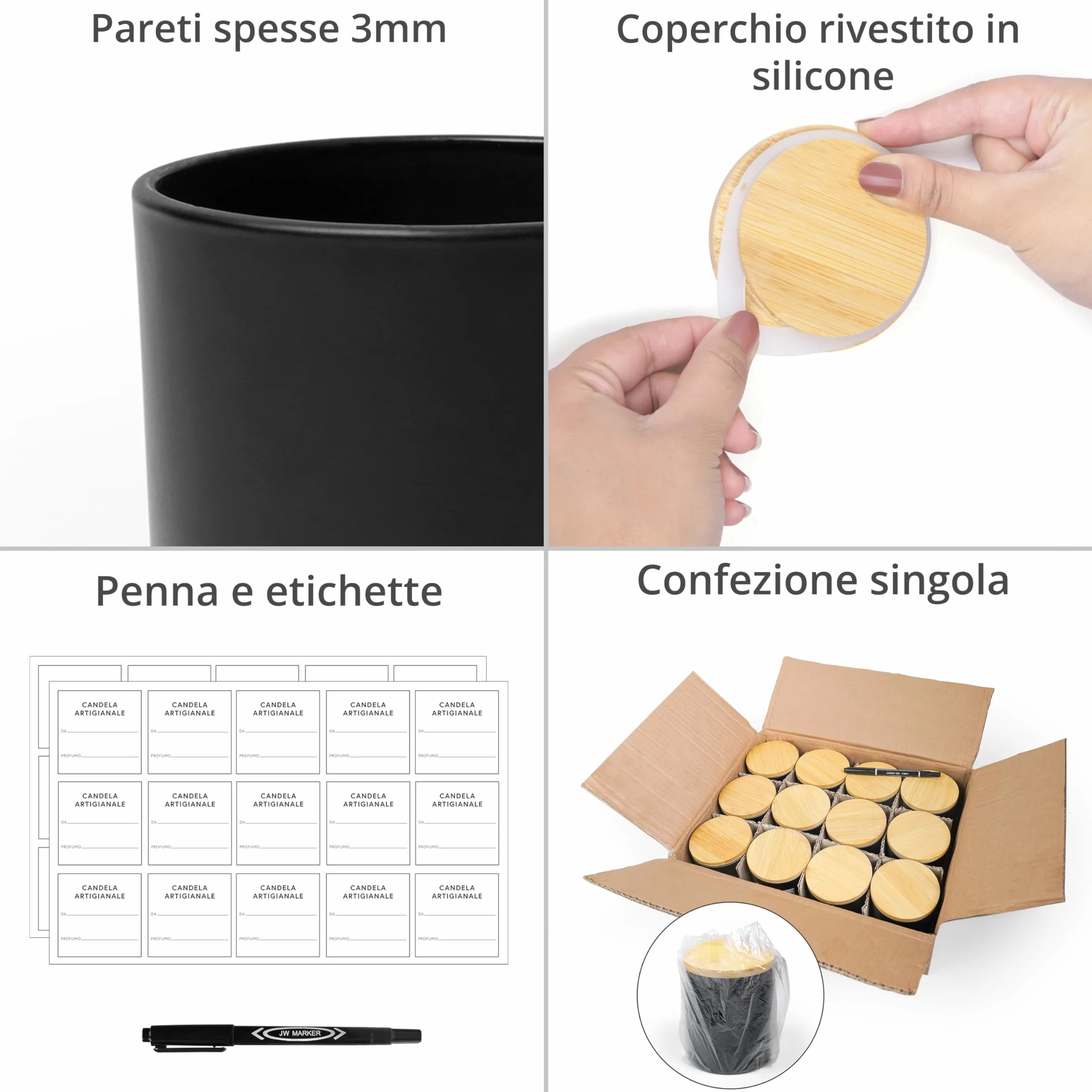 Winter Shore 270ml Barattoli per Candele [Pacco da 12] - Contenitori per Candele Vuoti Smerigliati Neri con Coperchi in Bambù, 15 Etichette Stampate e 15 in Bianco, Penna -Lavabili in Lavastoviglie