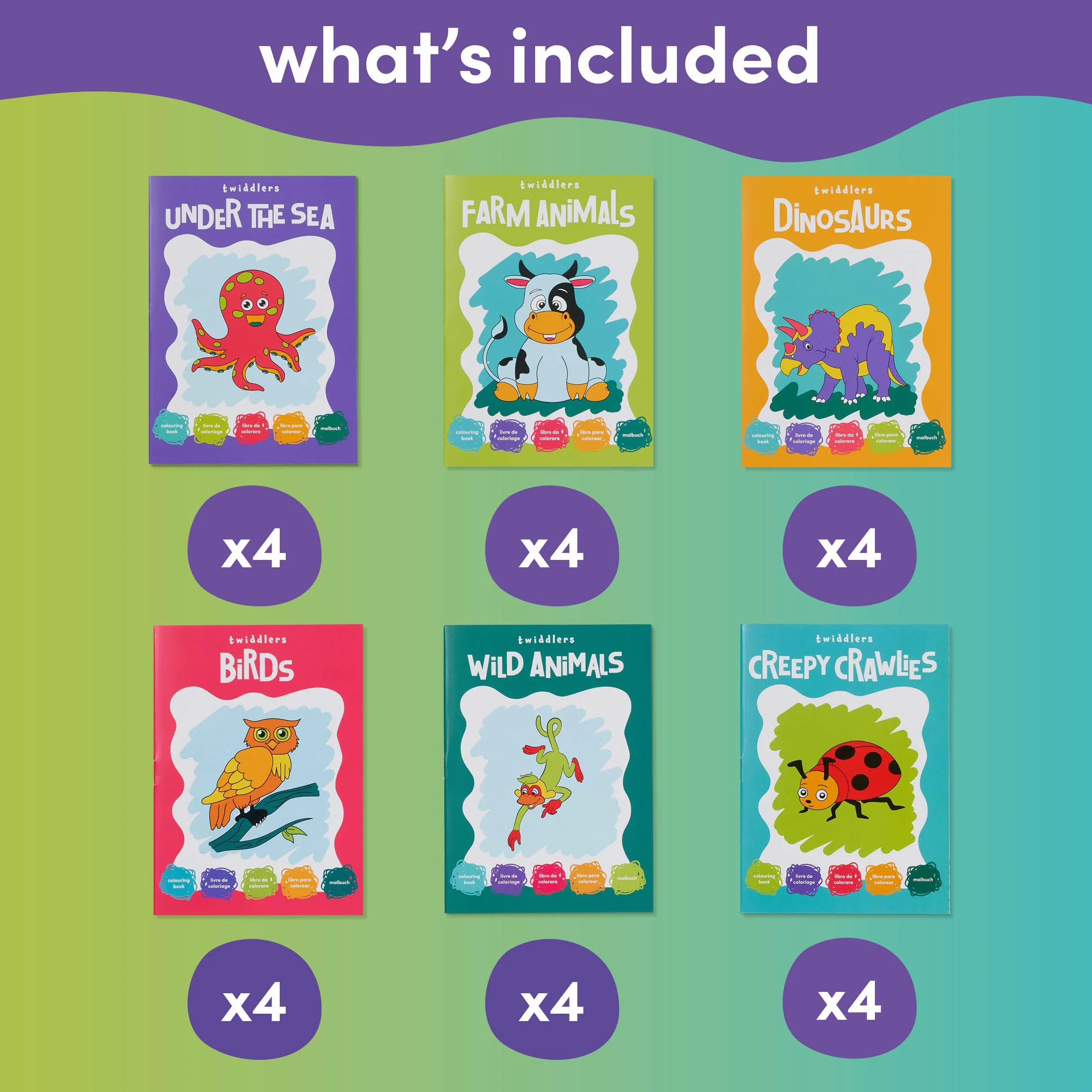 THE TWIDDLERS 24 Mini Libri da Colorare per Bambini A6, Disegni di Animali, Set Regalo Attività Artistiche