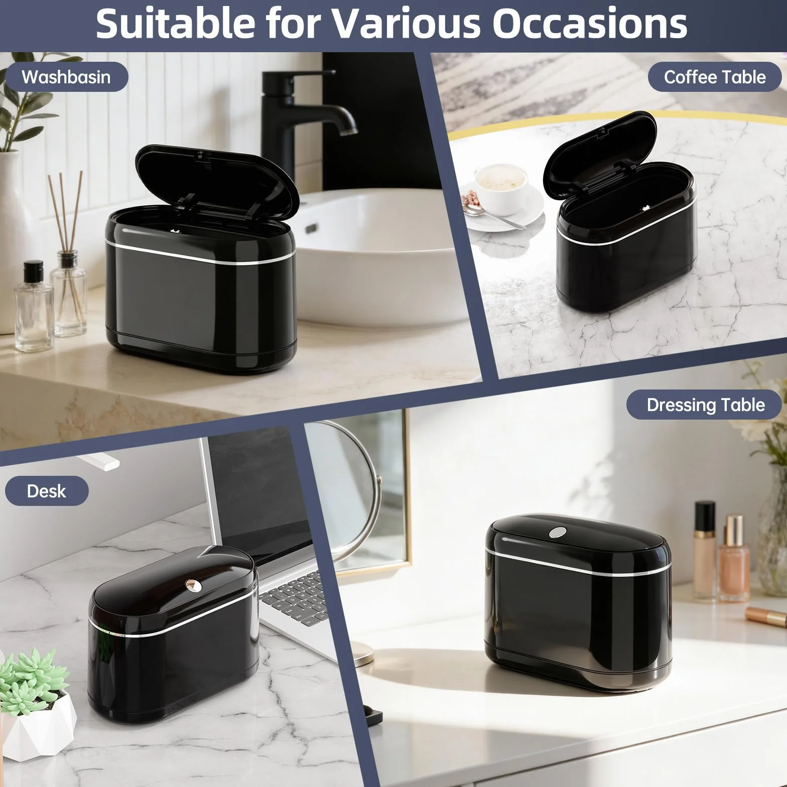 PAVSTINE Cestino Da Scrivania Pop-Up, Mini Pattumiera da Tavolo Design a Doppia Canna, Pattumiera da Scrivania Dotato di 5 Rotoli di Sacchetti per la Spazzatura e 4 Tappetini Antiscivolo, Nero