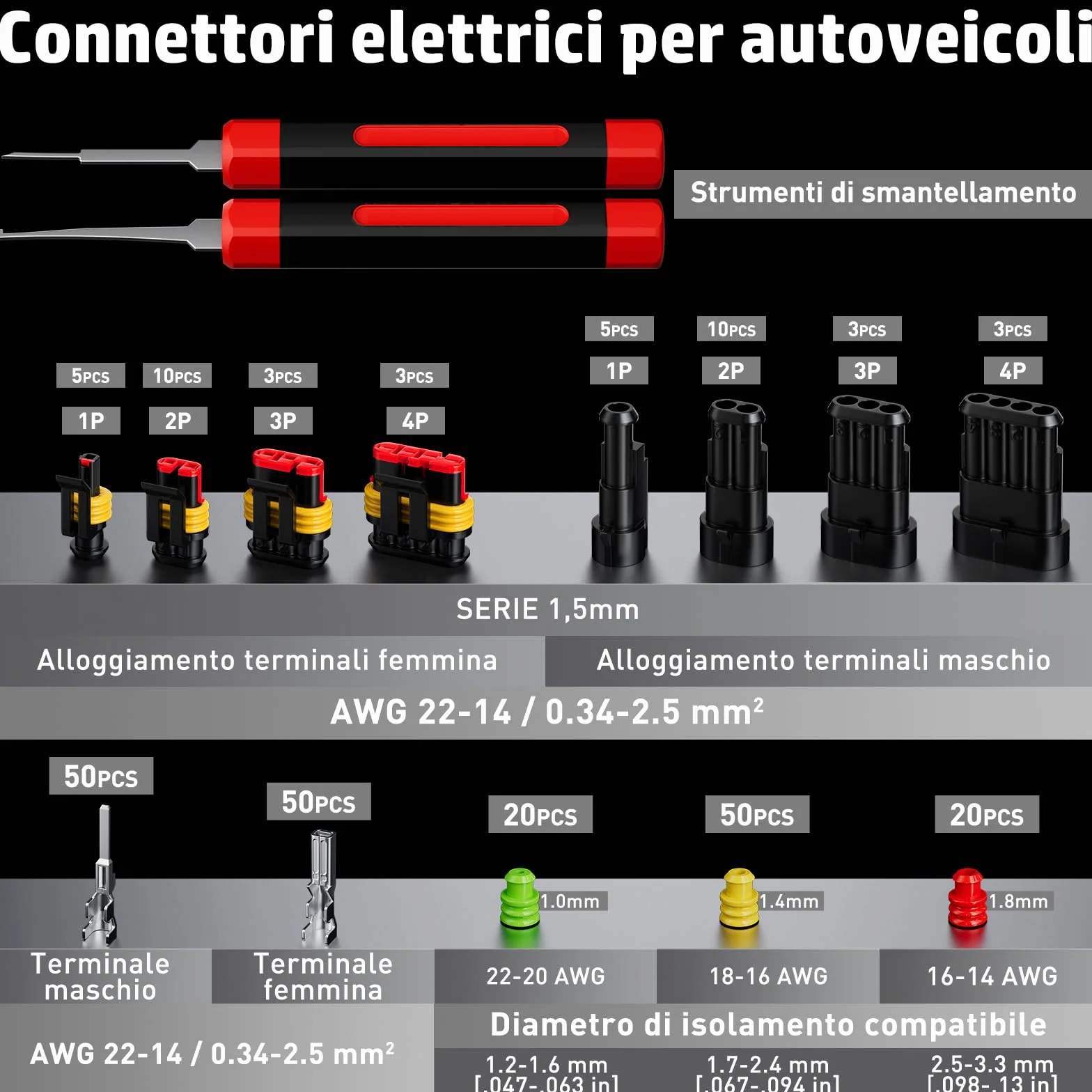 PEBA Connettori Elettrici Impermeabili per Auto, Kit di Connettori per Cavi Elettrici Automobilistici 1/2/3/4 pin Connettori Maschio e Femmina con Strumento di Crimpatura a Cricchetto, Estrazione Pin