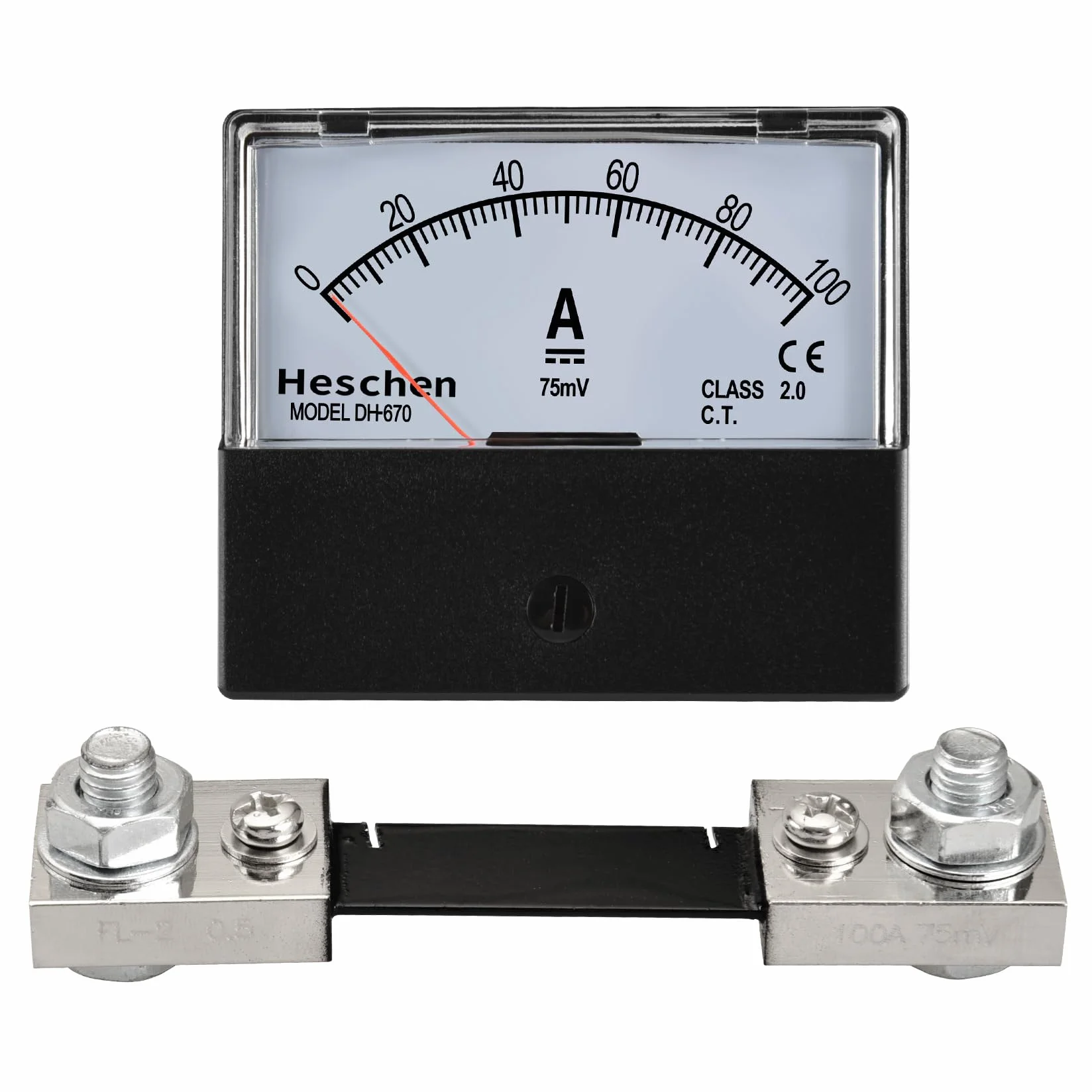 Heschen Misuratore di corrente rettangolare, amperometro, tester DH-670 DC 0-100 A, 75 mV, classe 2.0 con shunt