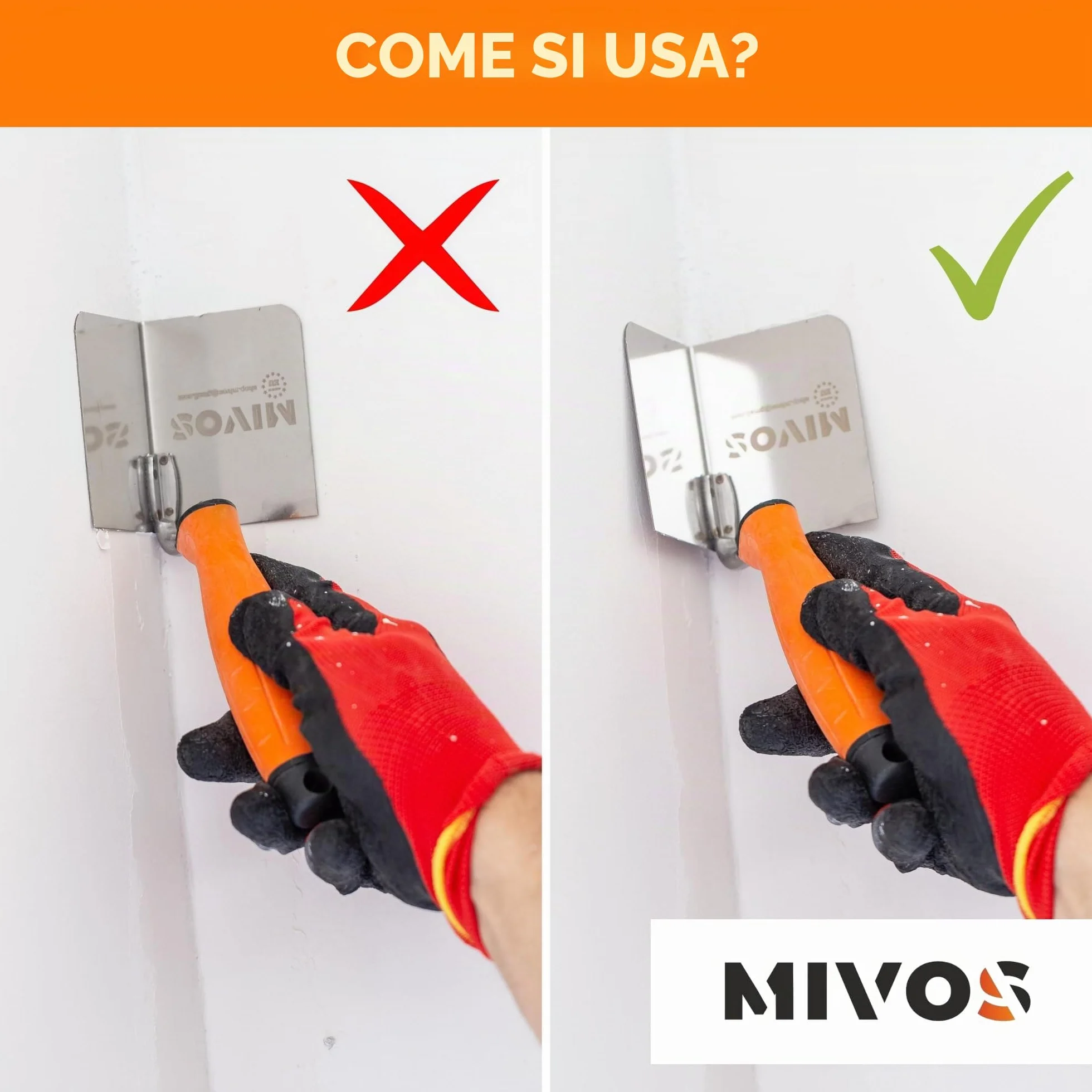 Mivos 2 x Spatole Angolari Antiruggine 80 x 60 mm - Cazzuola Angolare Interna ed Esterna in Acciaio Inox - Cazzuola per Bordi Interni ed Esterni con Impugnatura Morbida - Spatola Angolare per Stucco