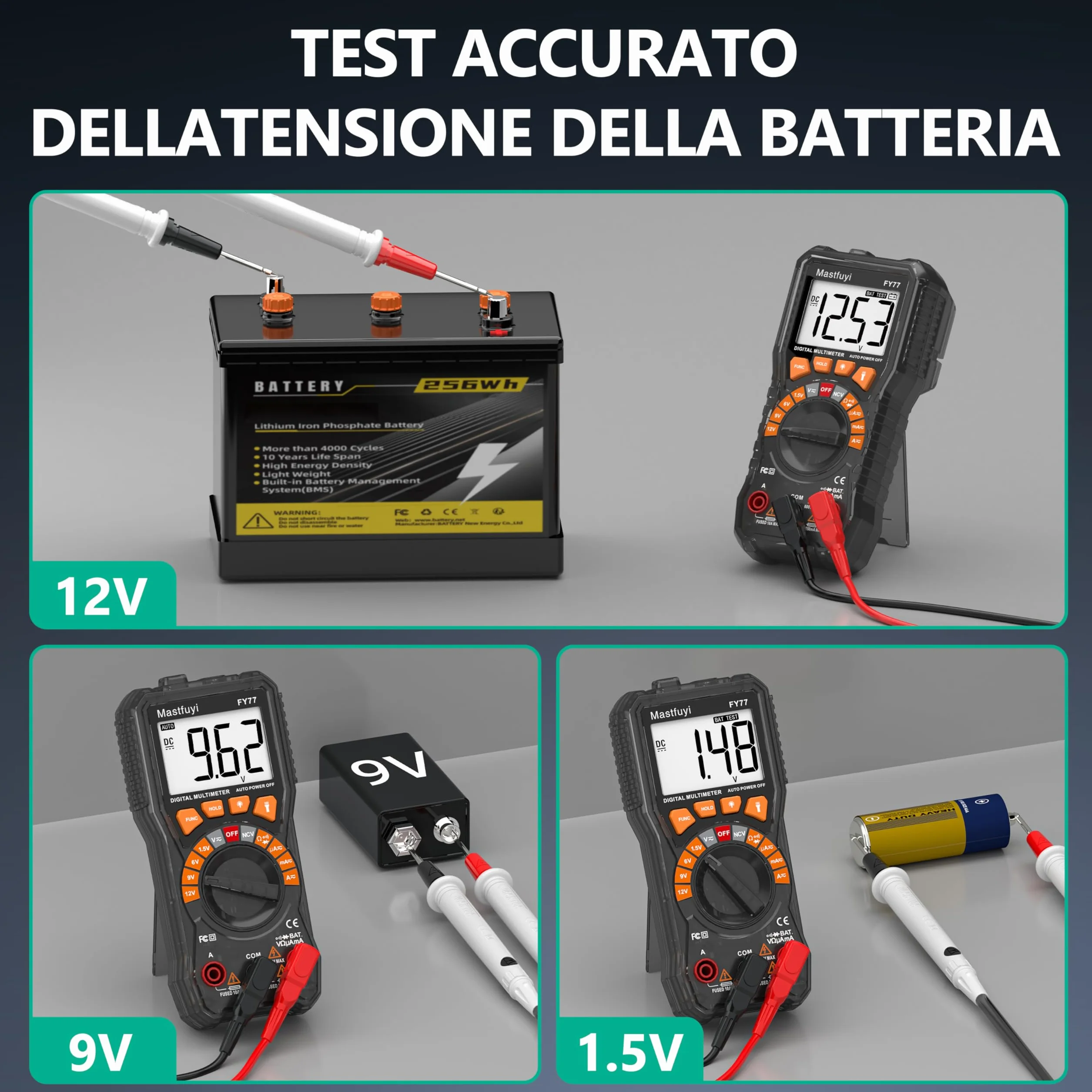 Multimetro Digitale, Tester multiplo con NCV, Test di Gamma Automatico, Tester per Batterie, Conta il Vero RMS 2000, Corrente AC/DC, Tensione AC/DC, Continuità, Resistenza, Diodo