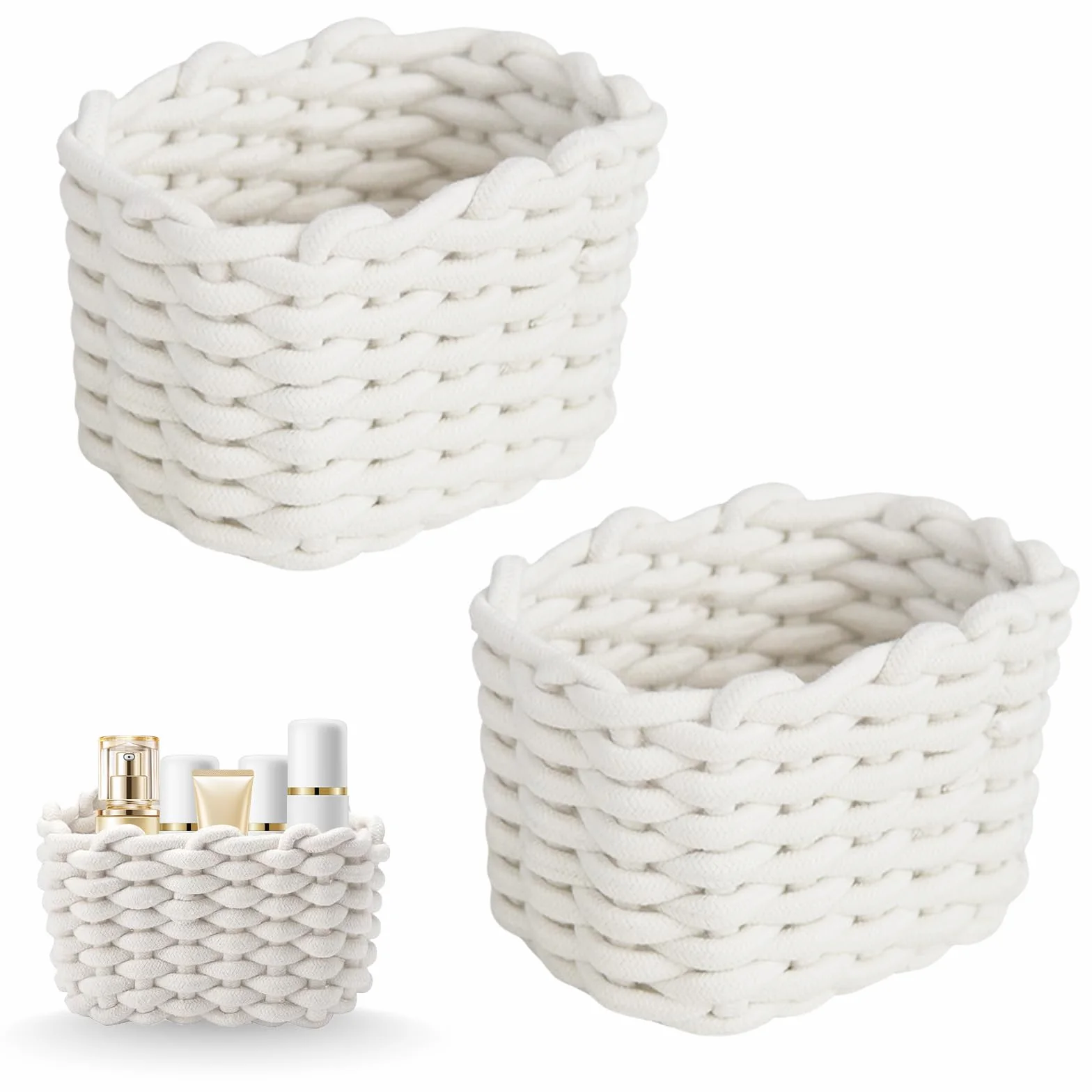 Foonary 2 cesti intrecciati, bianchi fatti a mano, in corda di cotone (13 x 18 x 14 cm), piccolo cestino e cestino, moderno e minimalista, per cosmetici cancelleria e molto altro ancora