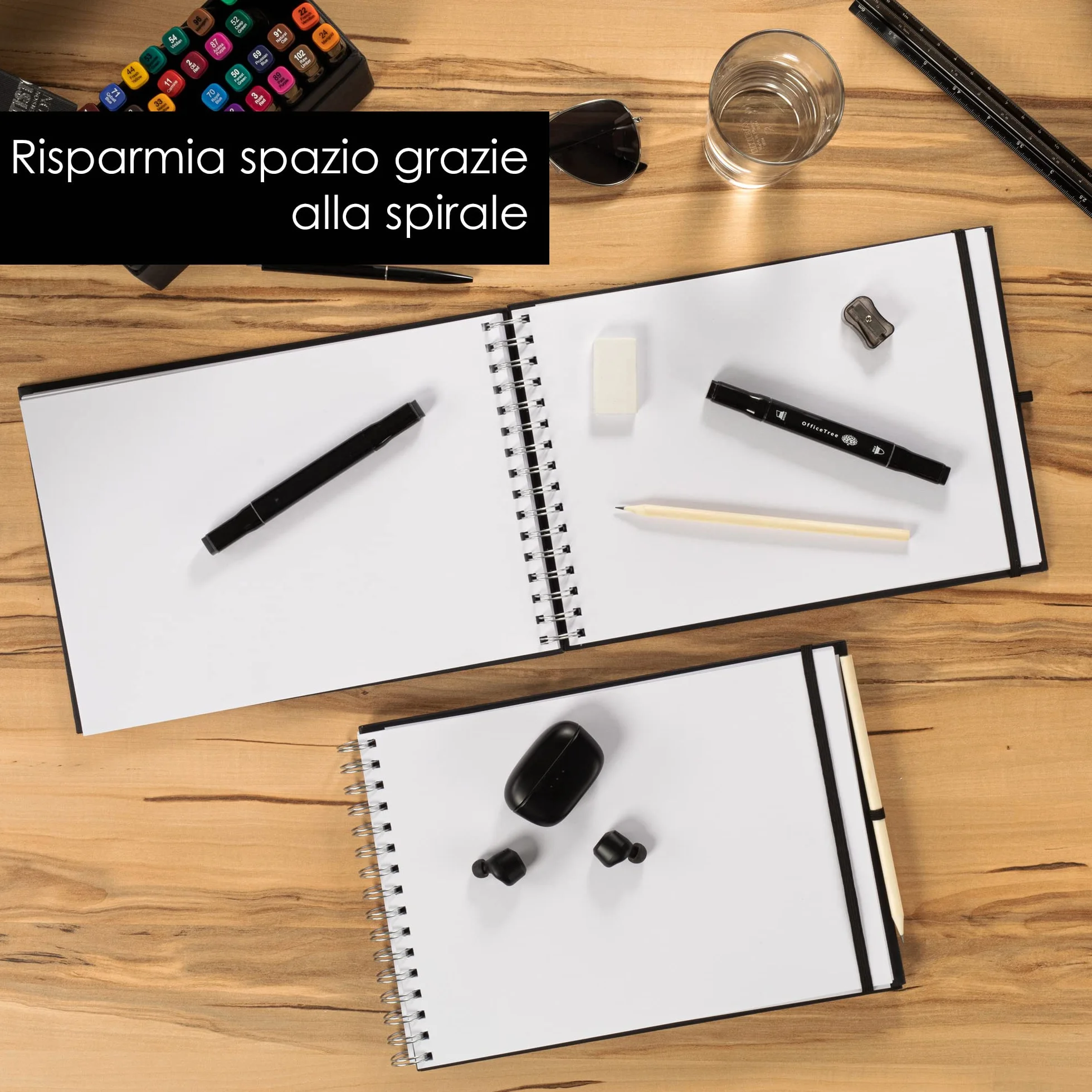 OfficeTree Taccuino per schizzi, formato A4, con rilegatura a spirale, formato orizzontale, 96 pagine, 48 fogli, formato A4, 200 g, carta bianca vergine, libretto di schizzi acquerello, matita inclusa