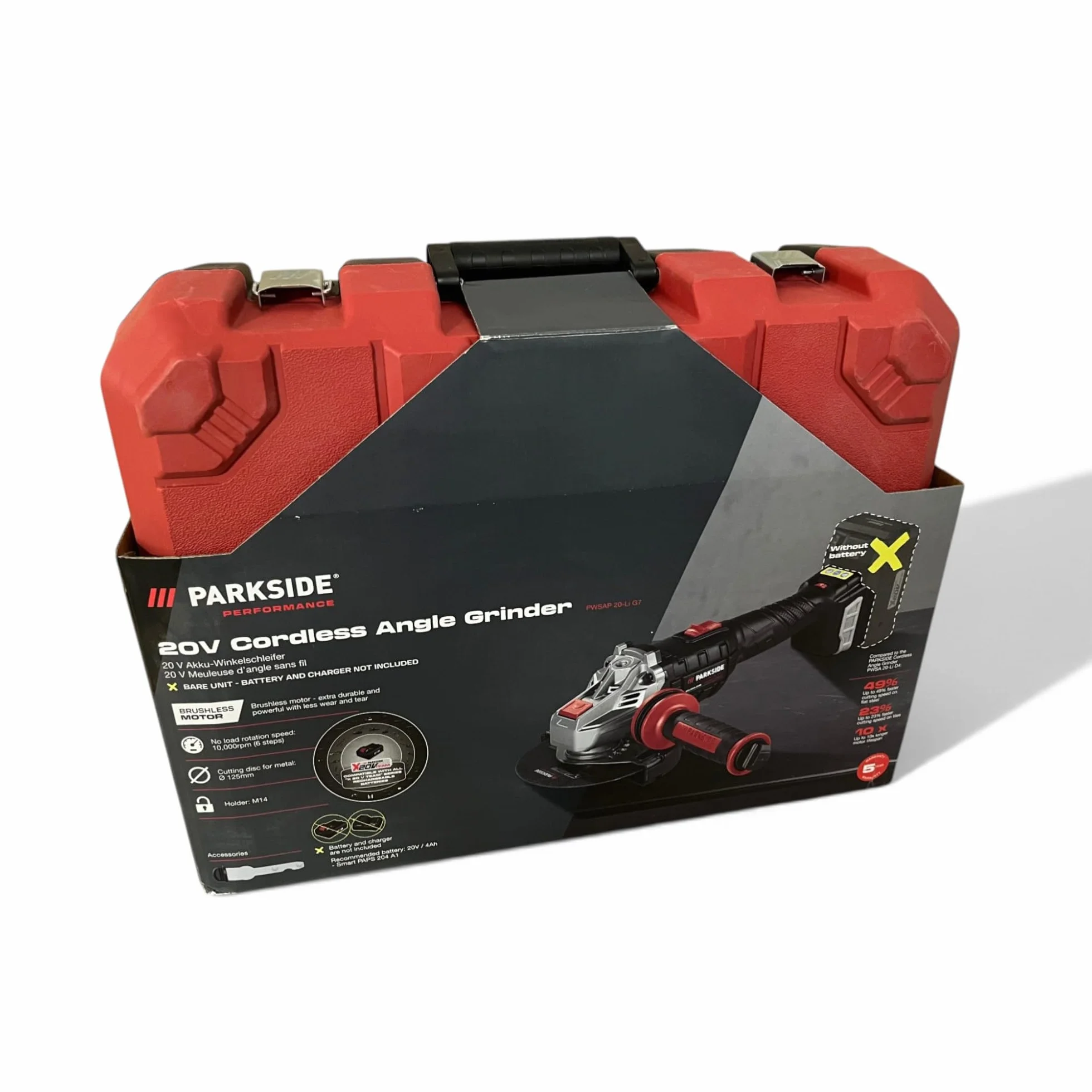 Parkside - Smerigliatrice angolare senza fili, Parkside Performance X20V PWSAP 20, senza spazzole/brushless, senza batteria, senza caricabatterie, con valigetta per il trasporto