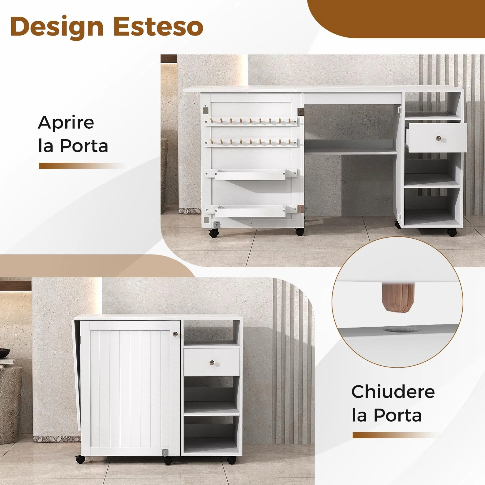 COSTWAY Tavolo per Macchina da Cucire Pieghevole, Tavolo per Cucito con Ripiani per Stoccaggio, Vassoi, Cassetto, Ganci e 6 Ruote Bloccabili, Bianco