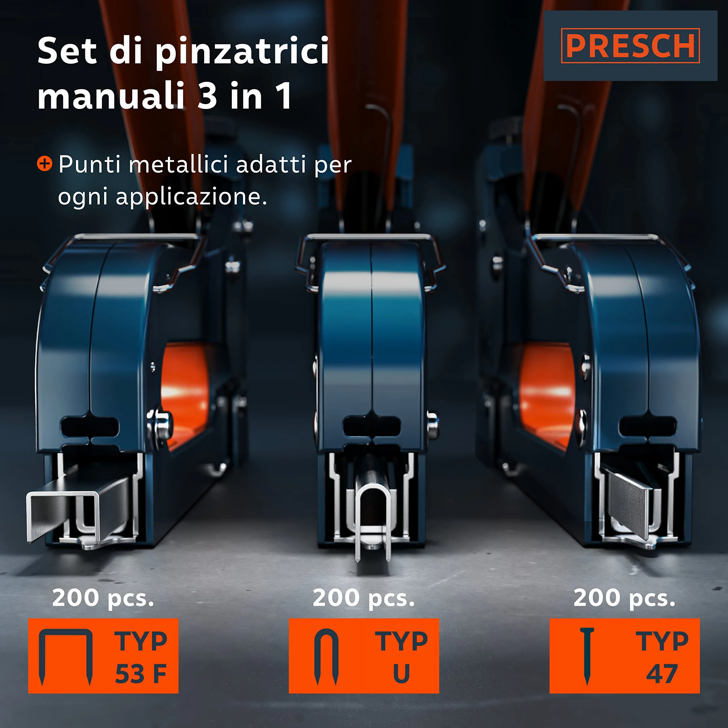 Presch Set Graffatrice Manuale 600 pz. - Fissatrice manuale con 600 graffette per legno, tessuto, mobili e cartone catramato - Attrezzo professionale