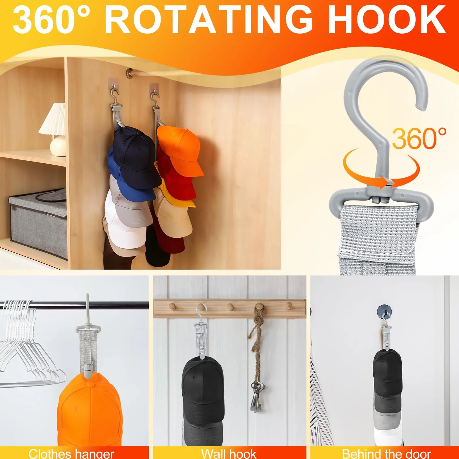 Porta Cappelli da Parete con 8 Clips, Gancio Girevole 360°, Organizer per Cappellini Baseball Fedora Berretti Grigio