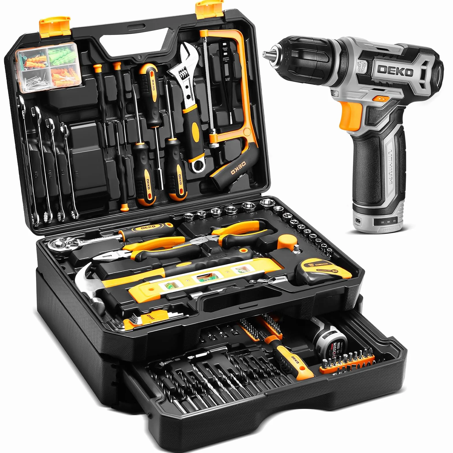 DEKO Cassetta Attrezzi Completa con Trapano Avvitatore Batteria 12V, 238 Pezzi Valigetta con Set Completo di Punte