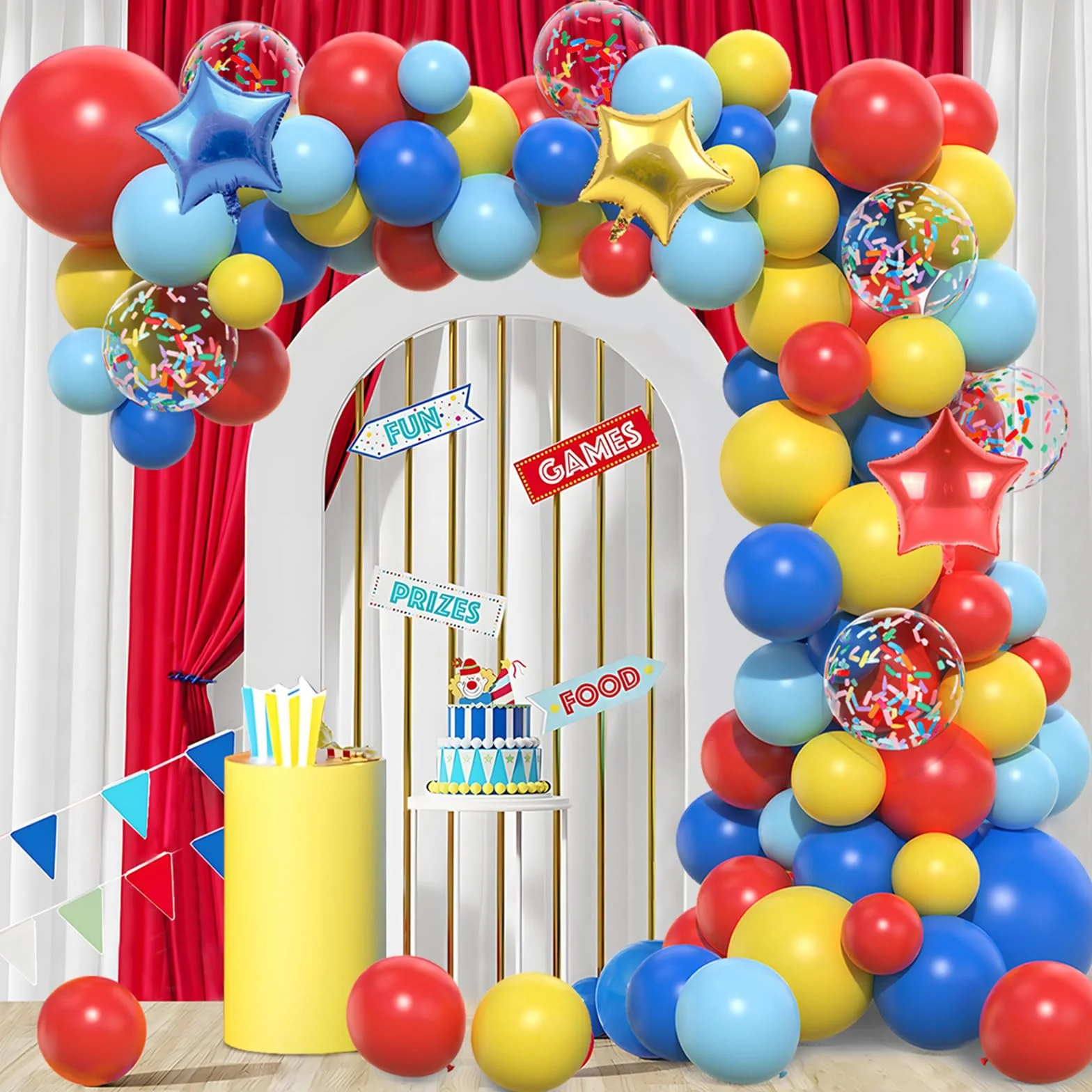 Kit Arco Palloncini Rosso Blu Giallo 106pcs Ghirlanda Palloncini Circo Carnevale con Foil Stella Coriandoli Multicolori